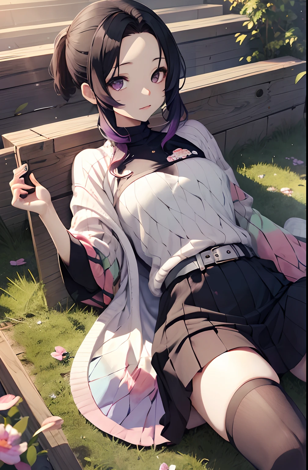 masutepiece, Best Quality, hight resolution, 1girl in, 独奏, kochou shinobu, Decorate your hair with butterflies, violet eyes, Multi-colored hair, Short hair, Parted bangs, Short shorts, Spread your legs apart, skirt by the, Turtleneck Top, outside of house, Erotica, Emphasis on the chest, knit