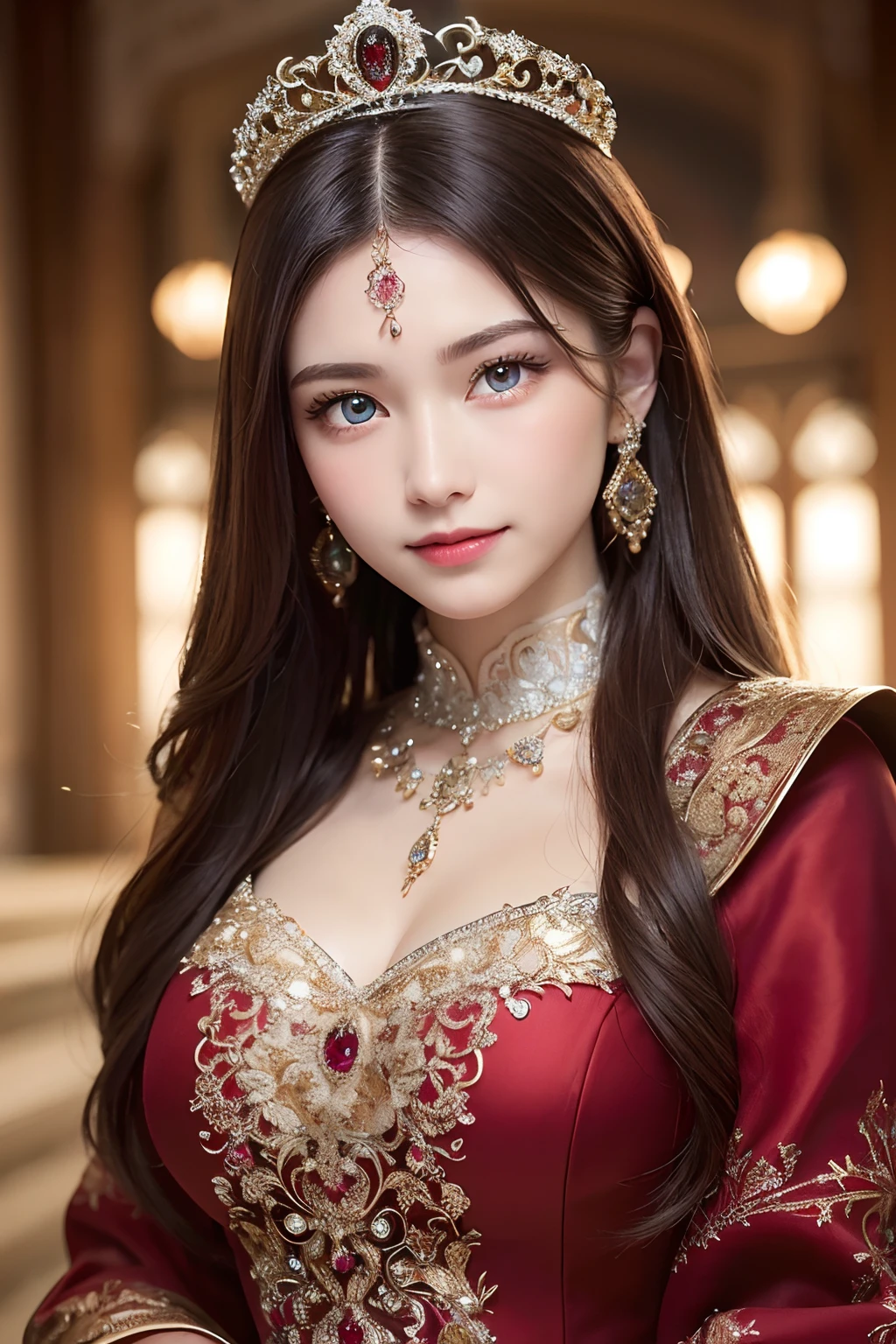 (highest quality, High resolution, realistic:1.2), dramatic lighting, oil, detailed skin texture, flowing long hair, elegant pose, Bright colors, fine brush strokes, Portrait, Realistic makeup, intense gaze, delicate features, complex background, professional illustration