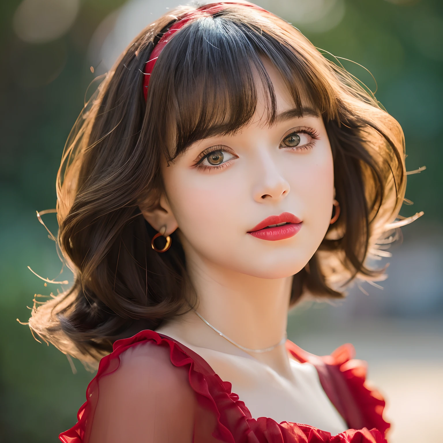 (master part),(best quality:1.0), (Ultra Highres:1.0), Detailed illustration, 8k, anime, 1girl,  anime bonita, usando um vestido vermelho, coroa da flor, cara bonita, Rosto detalhado, Olhos bonitos, Olhos detalhados, olhos vermelhos escuros, glossy and red lips, Red lipstick, lindo cabelo elegante, Destaques no cabelo, estilo anime bangs, best quality, vibrante