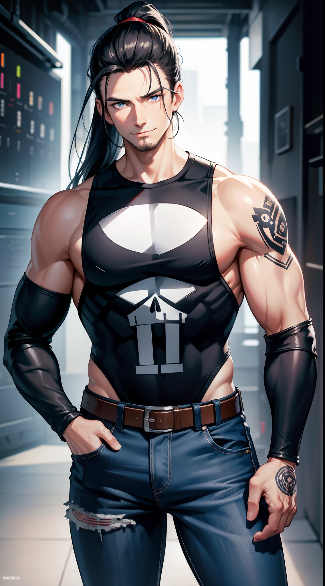 Grown-up guy, Long black hair, high ponytail, blue eyes, Smile, beatiful face, bodyarmor, Sleeveless, Drawing of the skull, jeans, circuits, Guns, brawn, the Punisher print, tattoo, Masterpiece, hiquality, 4k, HD, Good detail