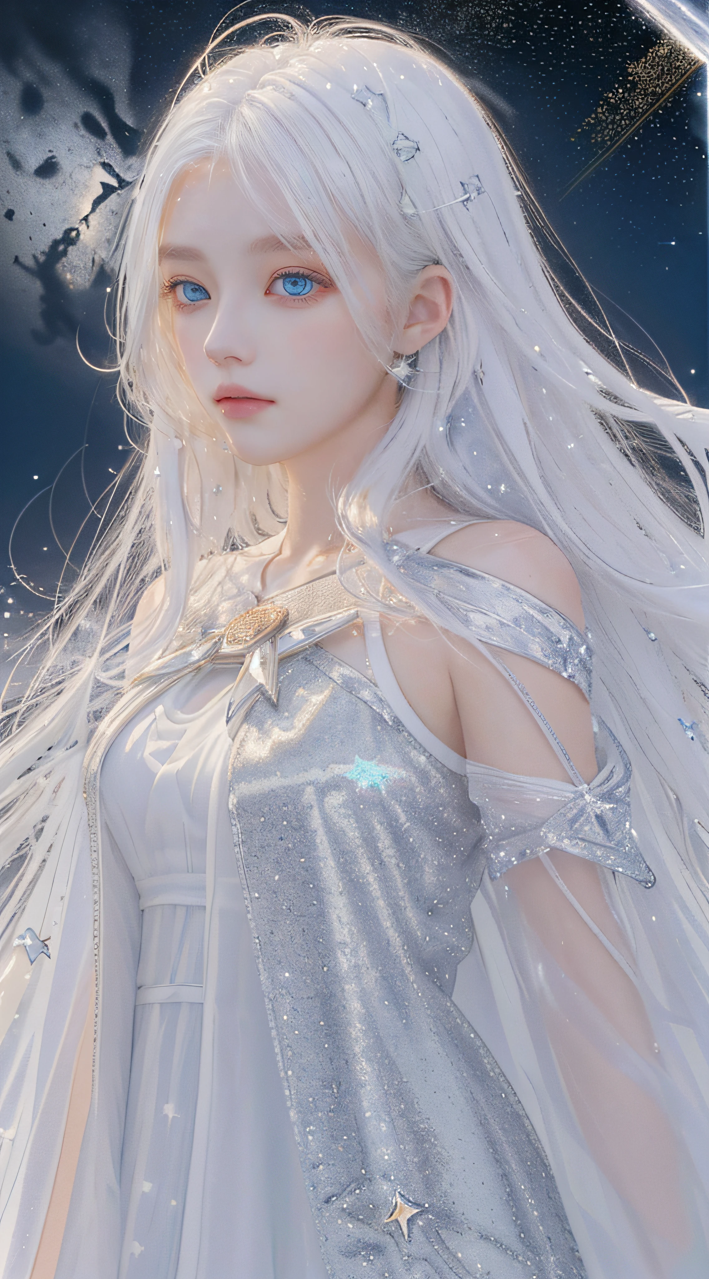 Masterpiece, Best quality,A high resolution, 1girll, (Long_White_Hair:1.2), Stars in Eyes, Messy floating hair, White color hair, Starry sky adorns hair, rip, See_Through, (((shimmering dazzling lighting))), (luminous), detailed shadow, meteors,stars, Star in white dress, tailcoat,