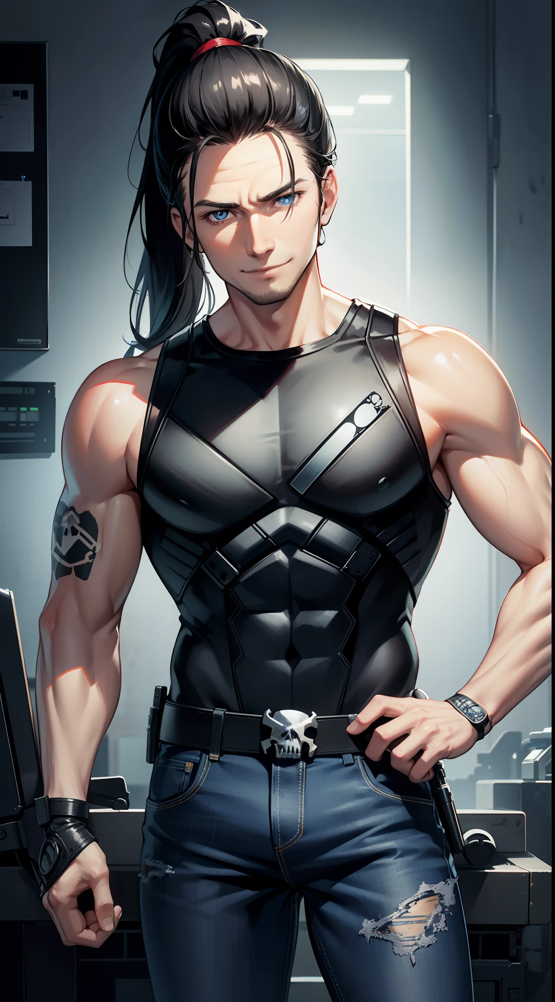 Grown-up guy, Long black hair, high ponytail, blue eyes, Smile, beatiful face, bodyarmor, Sleeveless, Drawing of the skull, jeans, circuits, Guns, brawn, the Punisher print, tattoo, Masterpiece, hiquality, 4k, HD, Good detail