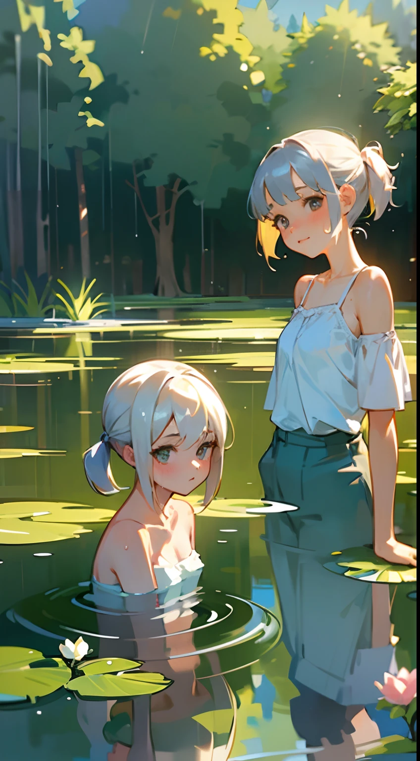 In Claude Monet style, Impressionism, (2 girls), white camisole, 1 girl is short silver hair, 1 girl is blond pony tail, pond, ((wet)) curtsey, close to viewer, cheek-to-cheek