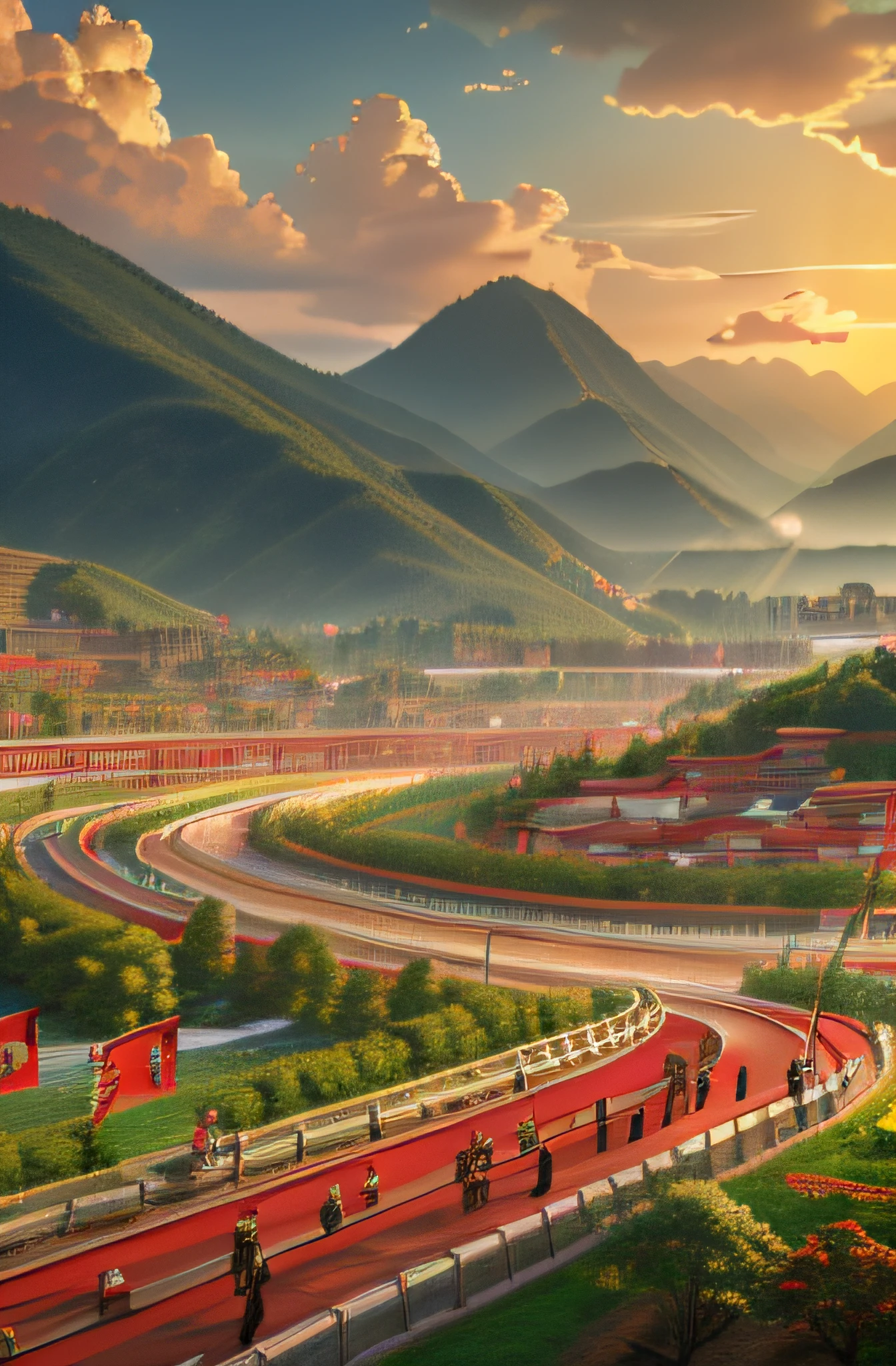 (best quality,4k,8k,highres,masterpiece:1.2),ultra-detailed,(realistic,photorealistic,photo-realistic:1.37),outstanding socialist,hardworking,harmonious labor notes,victory of the Chinese countryside,echoing the red flag,people's prosperity and happy life,Great Unity panorama a group of people