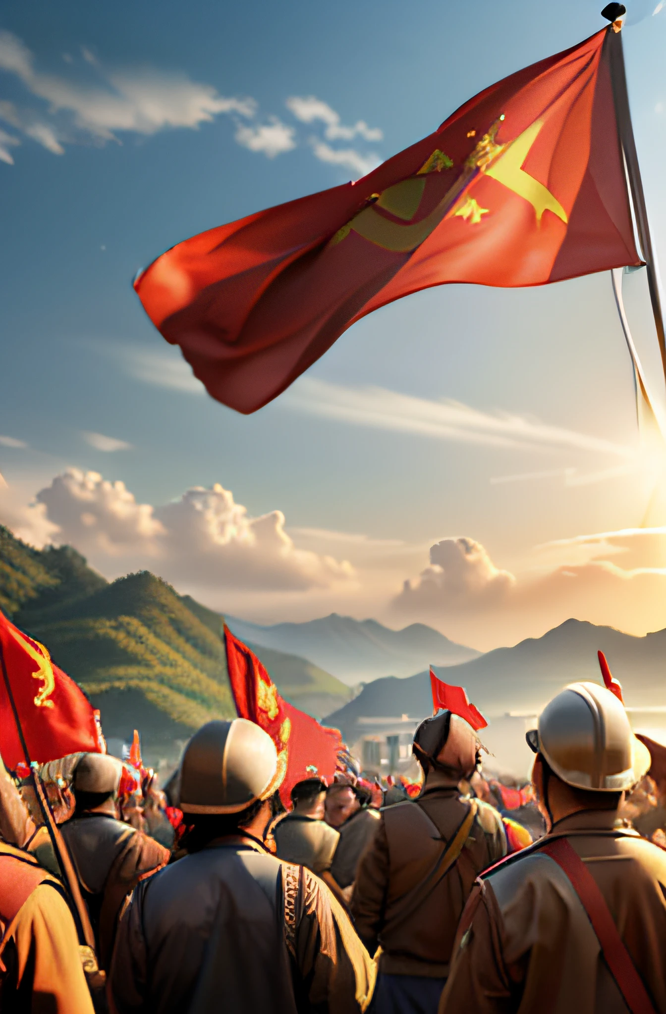 (best quality,4k,8k,highres,masterpiece:1.2),ultra-detailed,(realistic,photorealistic,photo-realistic:1.37),outstanding socialist,hardworking,harmonious labor notes,victory of the Chinese countryside,echoing the red flag,people's prosperity and happy life,Great Unity panorama a group of people