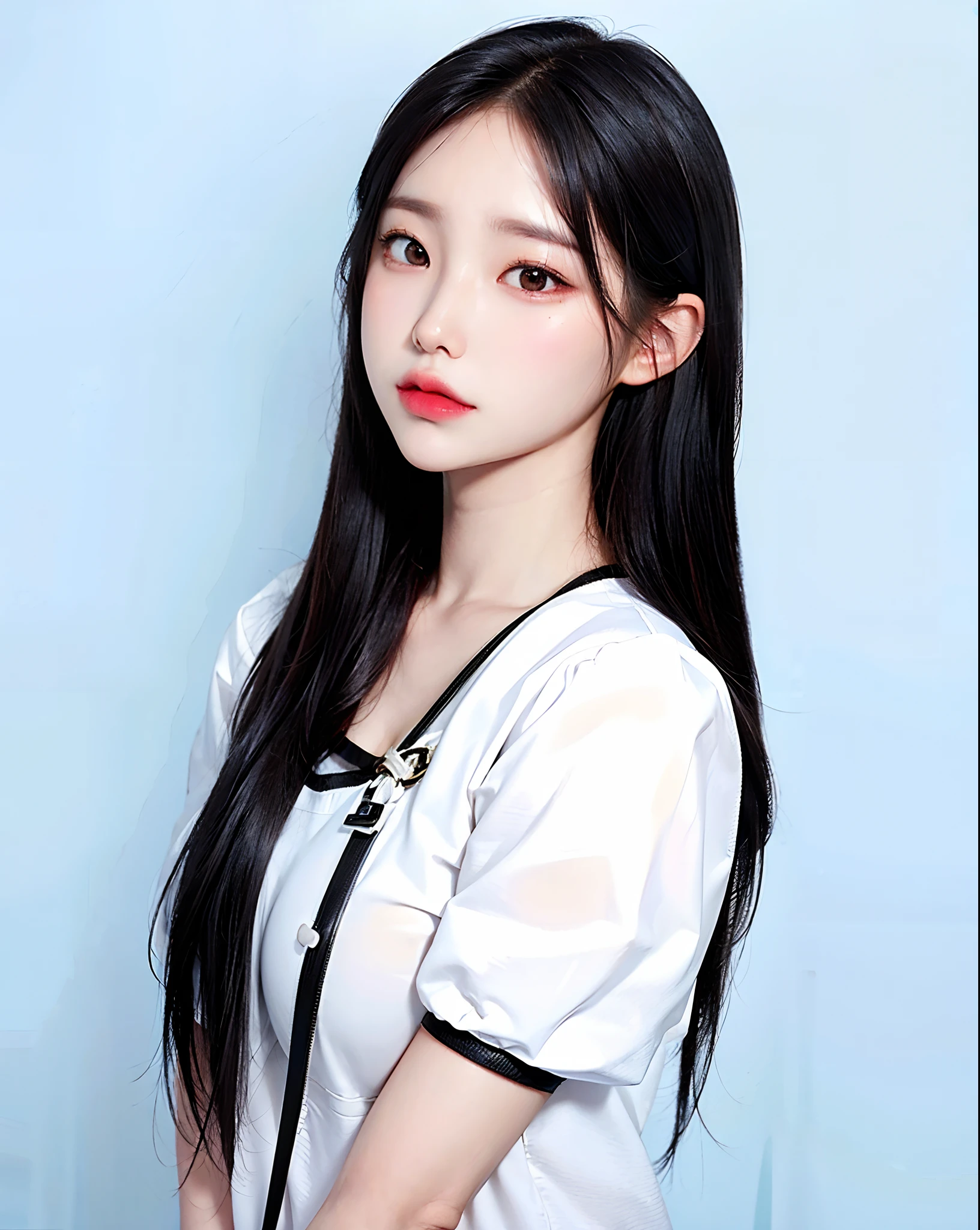 thin face,large full breasts,pale-skin,Soft lip texture,Black hair,Long hair