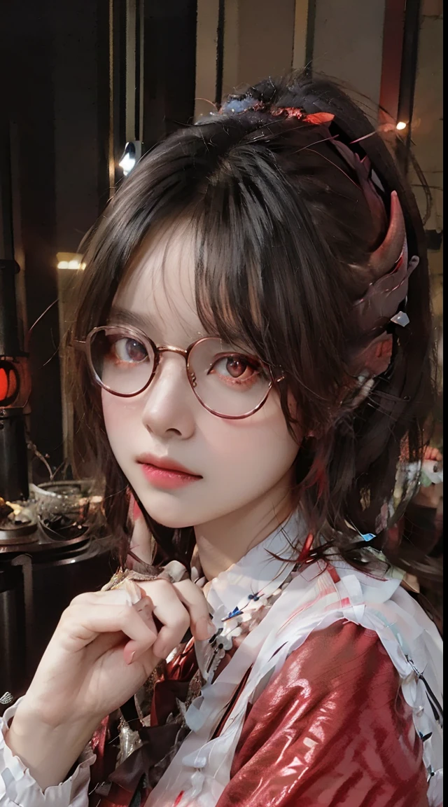 Fine、(The best illustrations)、8K resolution、intricate-detail、top-quality、realisitic、ultra-detailliert、The best lighting、Best Shadows、Ulutra HD、A Necromancer、natta、magia、Dark style、Succubus、Devil's Daughter、Bat Wings，(((Demon Horns)))、(red eyes glowing:1.6)、((((black-rimmed round glasses))))、​masterpiece、high_res、beautiful countenance、Tindall Effect、photos realistic、(High Detail Skins:1.2)、8KUHD、Digital SLR、hightquality、a picture、hight resolution、 absurderes、Ponytail distortion、best ratio four finger and one thumb、top-quality、​masterpiece、Hi-Res、女の子1人、hair adornments、a necklace、jewely、Beautiful expression、Body Up、Large breasts emphasis、Toned waist、Wide buttocks、Tindall Effect、Photorealsitic、Dark Studio、Two-tone lighting、(High Detail Skins:1.2)、8K UHD、Digital SLR、Soft lighting、hightquality、volume illumination、Frankness、a picture、hight resolution、4K、8K、Bokeh、(((Colossal tits)))、