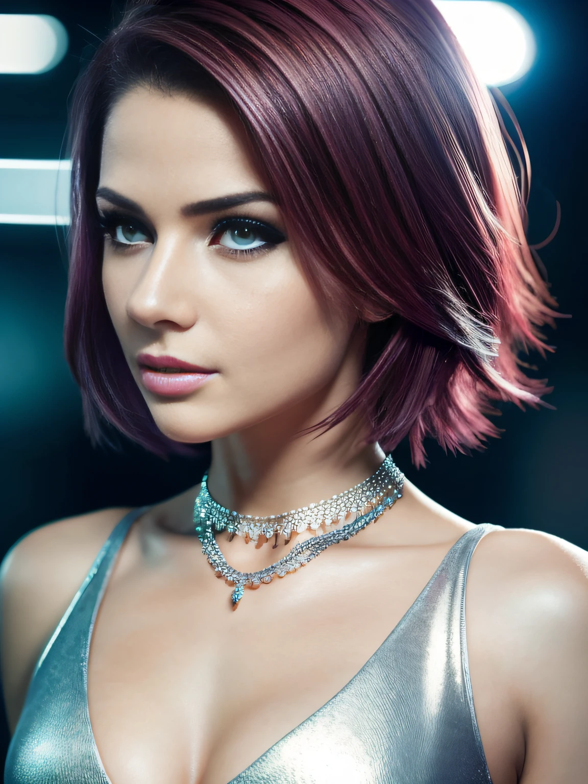 RAW portrait photograph, high resolution photograph of a 21 yo English woman, photorealistic, cinematic, dramatic, beautiful face, very pretty, perfect face, well formed facial features, exotic and expressive short dark pink hair, wing eyeliner, futuristic silver make up, tight crop top, small , perfectly formed breastsct , glistening skin, photorealistic, elaborate jewelry, bokeh background, short depth of field, low contrast, accurate face, high quality detail facial features, accurate hands, accurate feet, erotic