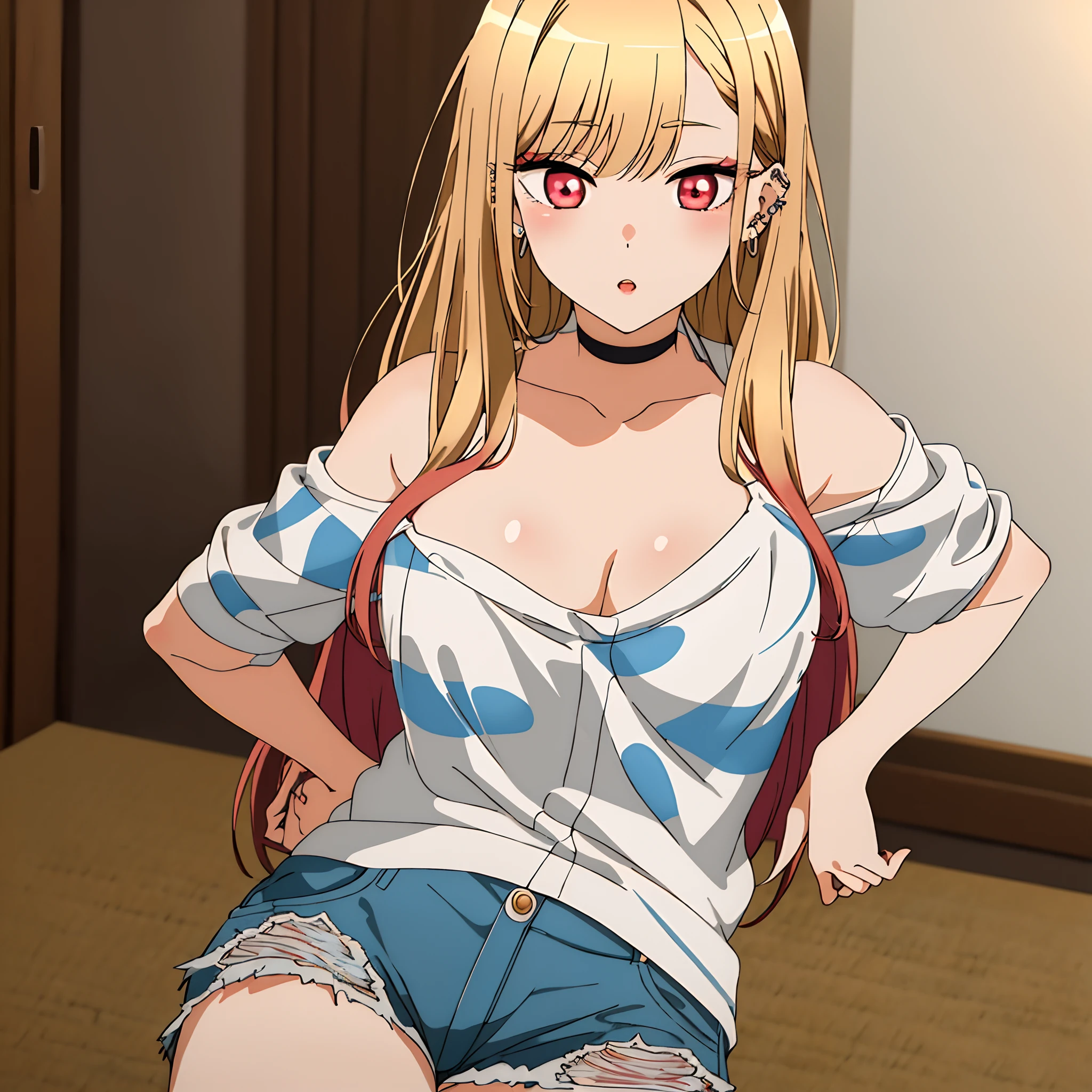 (masterpiece, best quality), Marin Kitagawa, beautiful girl, blonde hair, choker, ear piercing, earrings, long hair, piercing, (red eyes:1.5), straight hair, swept bangs, big chest,white top thin straps ,short shorts jeans , medium boobs,  , Exquisite visuals, high-definition,masterpiece,best quality, looking at viewer,looking at viewer,