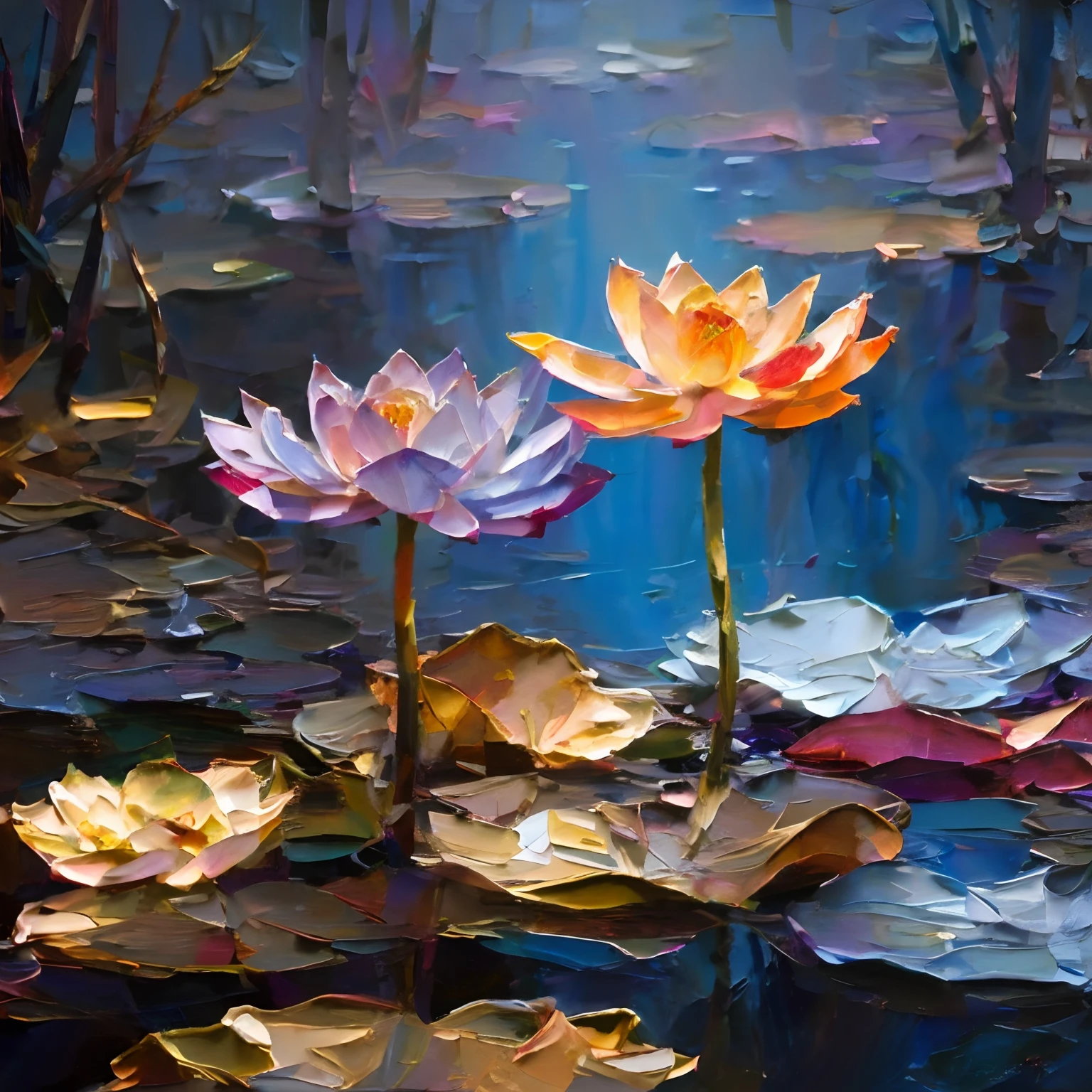 misty evening in the swamp, close up holographic gold and silver polish perfectly shaped two lotus flowers,  pink and blue and orange, glowing translucent ghostly glass fantasy, gold and orange and red and black, Salvador Dali, holographic data, soft body, shadow play, light, fog, atmospheric, vivid, red, purple, blue, cinematic, film light, hyper detailed, hyper realistic, masterpiece,((( oil impasto thick paint ))) effect , ((( expressive brush work)))atmospheric((( pallet knife effects))), high resolution, vivid, high contrast, dark angle, art by Koos Roos, 8k, HDR, 500px, swamp background. From Tokaito