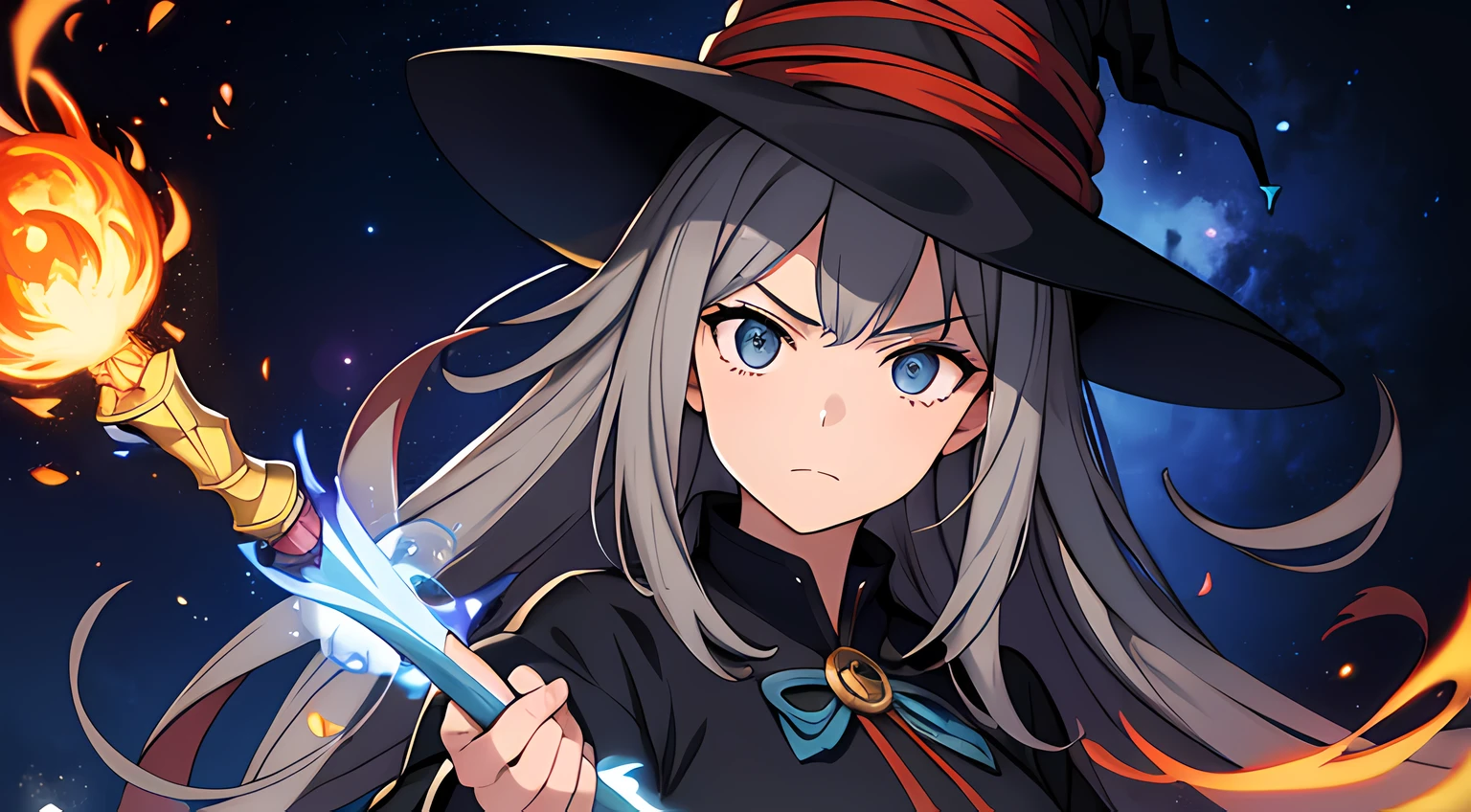 (1 girl), (beautiful eyes finely detailed, face to detail, dark gray hair, long hair), doctor medical suit and witch hat, angry facial expression, holding a mystic staff, she hold mystic staff with flames coming out from her mystic staff and casting powerful magic spell, The background is a magical circle in mahoutsukai no yome style, many magical particle in front of her, full body, masterpiece, top-quality, detailed, High resolution illustration
