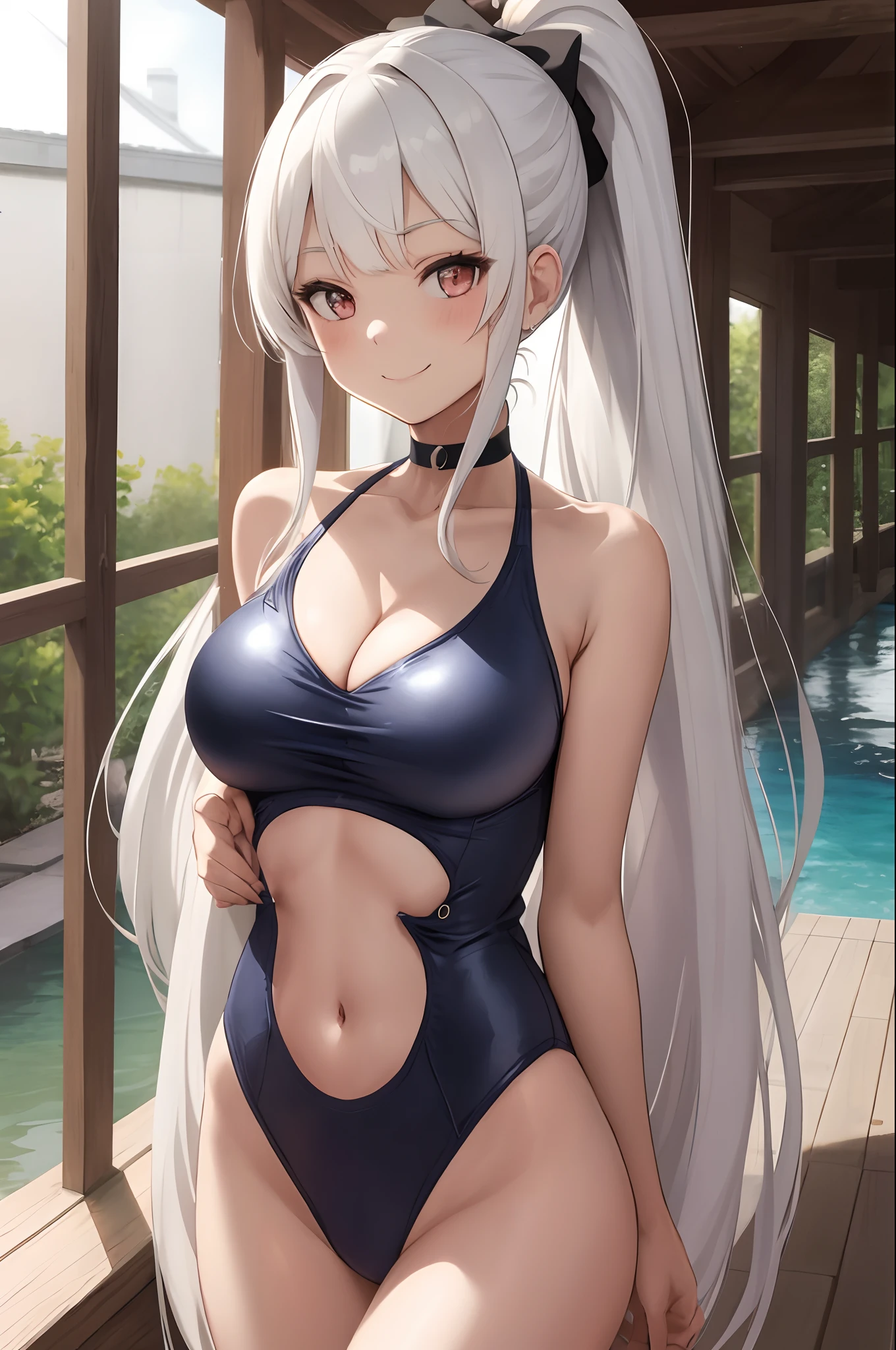 (masterpiece, best quality, anime_coloring:0.8), 1girl, solo,  EmiSwimsuit, alternate_hairstyle, high_ponytail, 1girl, swimsuit, long_hair, breasts, solo, bangs, smile, cleavage, looking_at_viewer, white_hair, hands_on_hips, outdoors, very_long_hair, covered_navel, choker, day, large_breasts, collarbone,  deep_skin, skindentation, deep_cleavage, BDS,