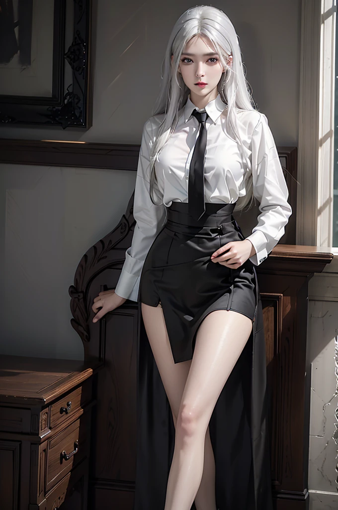 Photorealistic, High resolution, 1 Women, Solo, waist-up, Beautiful eyes, Close lips, Detailed face, White hair, Long hair, Collared shirt, black necktie,Black skirt, pencil skirts, Fur coat, Stockings