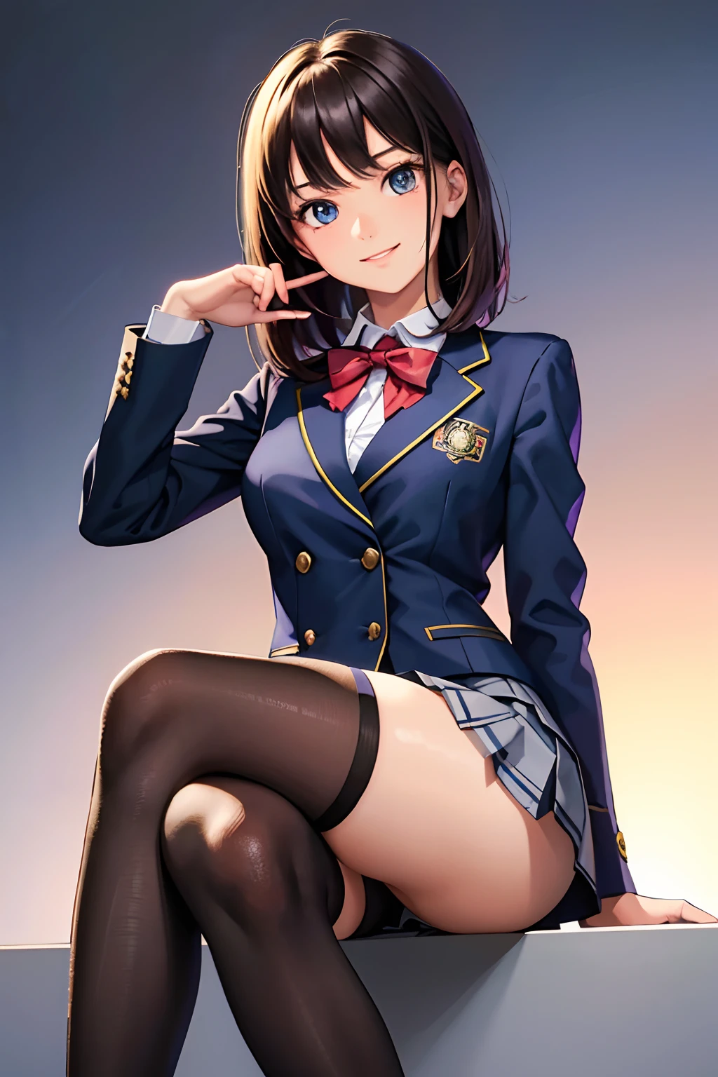 tmasterpiece, Better quality, finely detailed, 1girll, Expressive eyes, Perfect face, Seductive smile, school uniform, (Miniskirt) (Crossed legs), Sexy thighs, Medium breasts