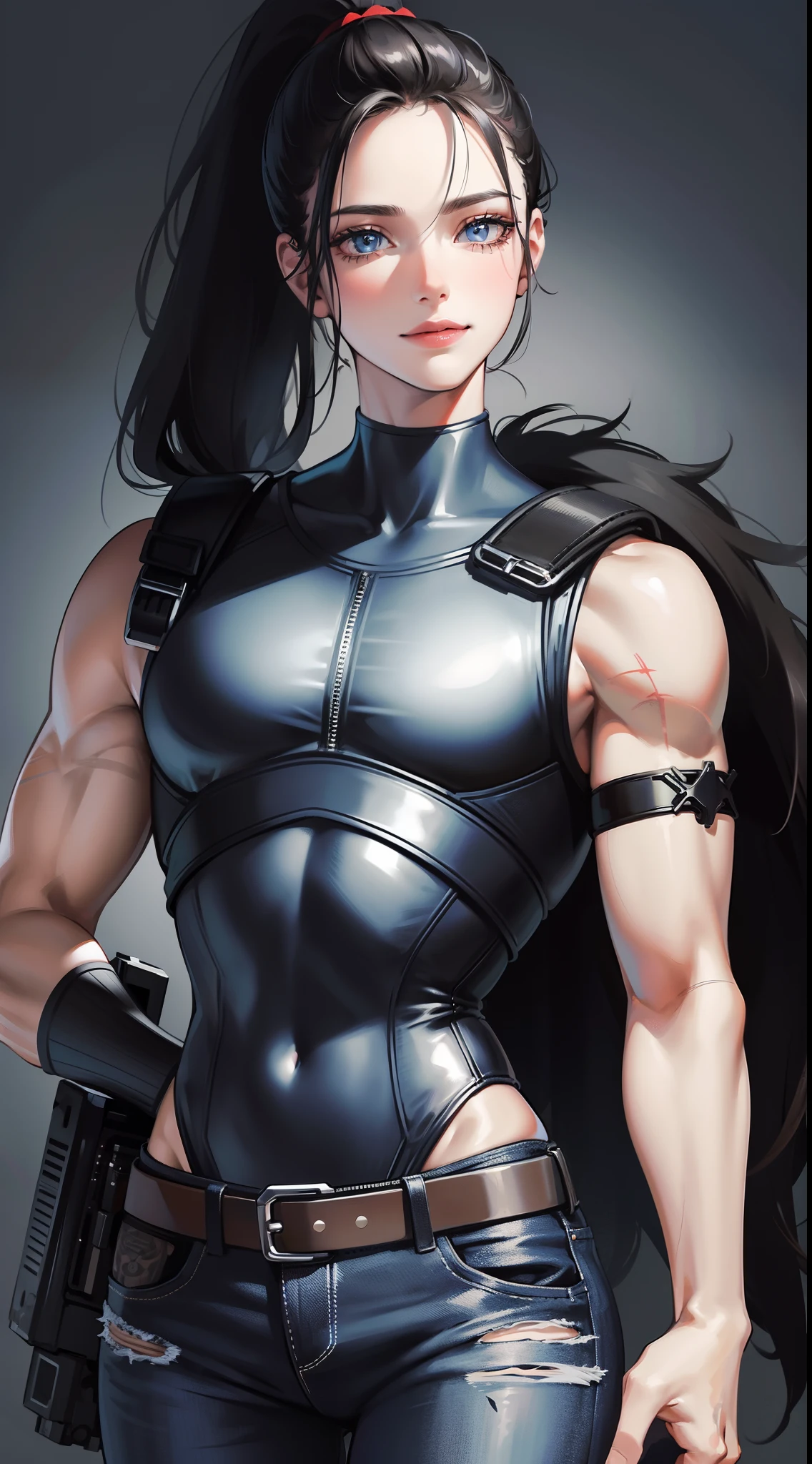 Grown-up guy, Long black hair, high ponytail, blue eyes, Smile, beatiful face, bodyarmor, Sleeveless, Drawing of the skull, Jeans, circuits, arma, brawn, Punisher Print, tattoo, Masterpiece, hiquality, 4k, HD, Good detail