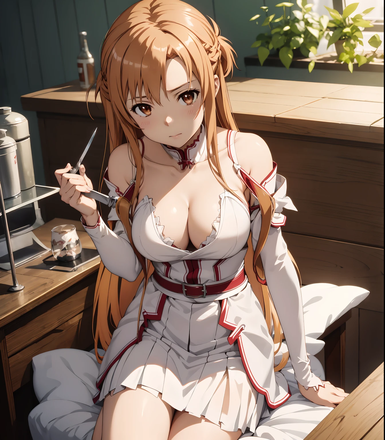 {asuna yuuki(sword art online)}, 1girl, ​masterpiece、cleavage, top-quality、NSFW, fullnude、{{ex toy, , {lovejuice}, {roach in }, white panties, lifting skirt