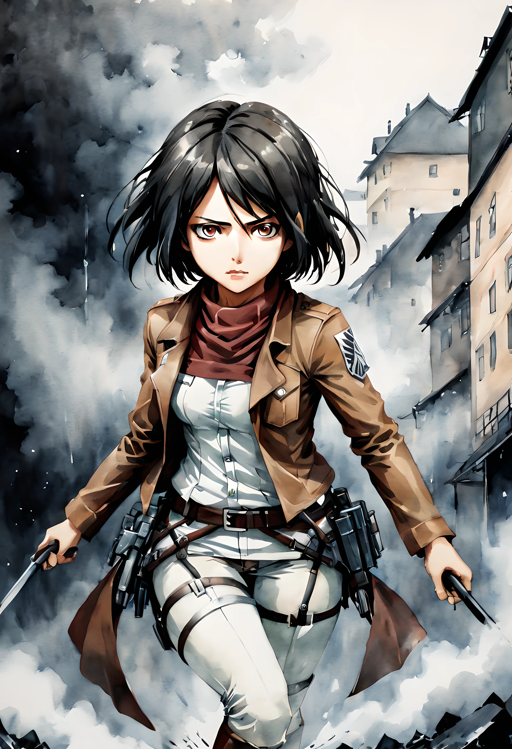 (Attack on Titan:1.5), (ink and watercolor painting:1.5), (Tasteful:1.5), (ink and watercolor painting:1.5), (full color:1.5), 8k, 4k, (magic:1.5), (dripping paint;1.5), dynamic,(mikasa:1.5),