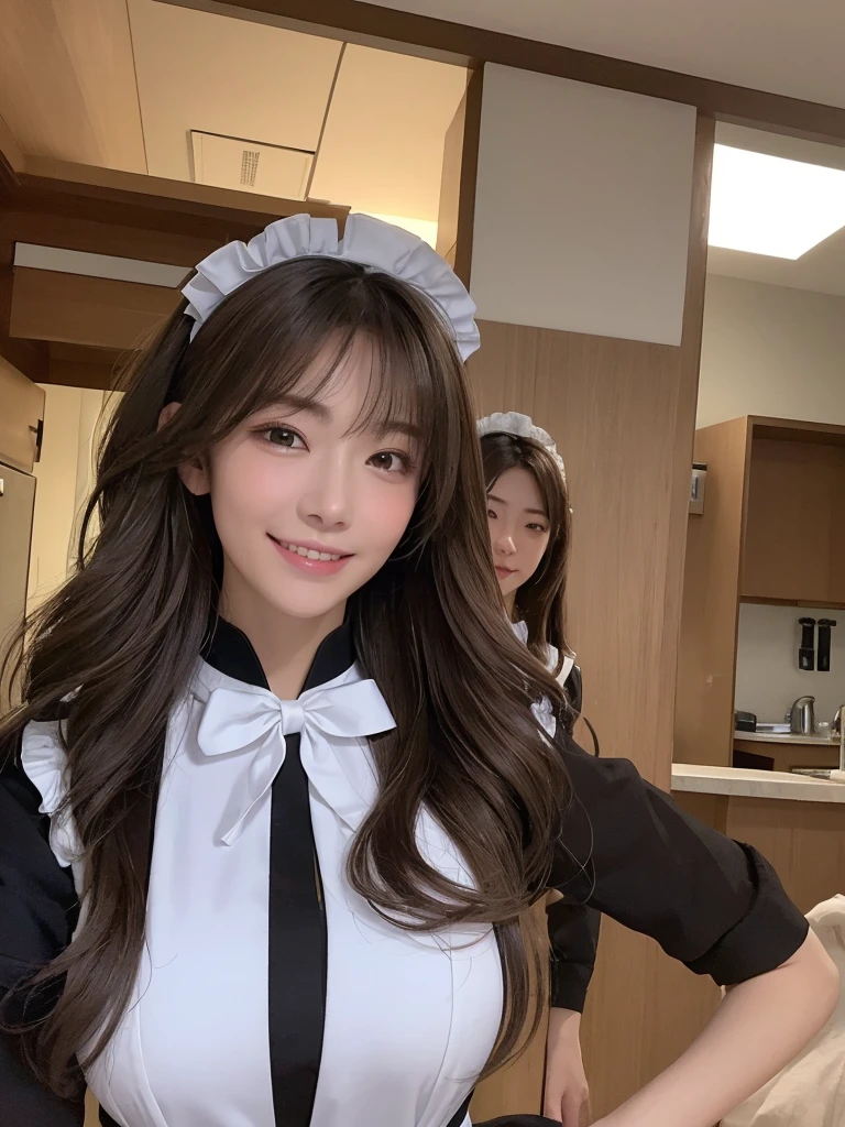 ((Realistic lighting、top-quality、8K、masterpiece:1.3))、Clear focus:1.2、1girl in、Perfect Body Beauty:1.4、Slim abs:1.1、((dark brown hair、Colossal tits:1.3))、(Maid in uniform:1.4)、(outside of house、natta:1.1)、Street、Super fine face、finely eye、二重まぶた、incredibly absurdness、hair messy、Floating hair、A smile、、flank
