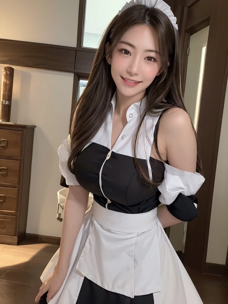 ((Realistic lighting、top-quality、8K、​masterpiece:1.3))、Clear focus:1.2、1girl in、Perfect Body Beauty:1.4、Slim abs:1.1、((dark brown  hair、Colossal tits:1.3))、(Maid in uniform:1.4)、(outside of house、natta:1.1)、Street、Super fine face、finely eye、二重まぶた、incredibly absurdness、hair messy、Floating hair、A smile、、flank