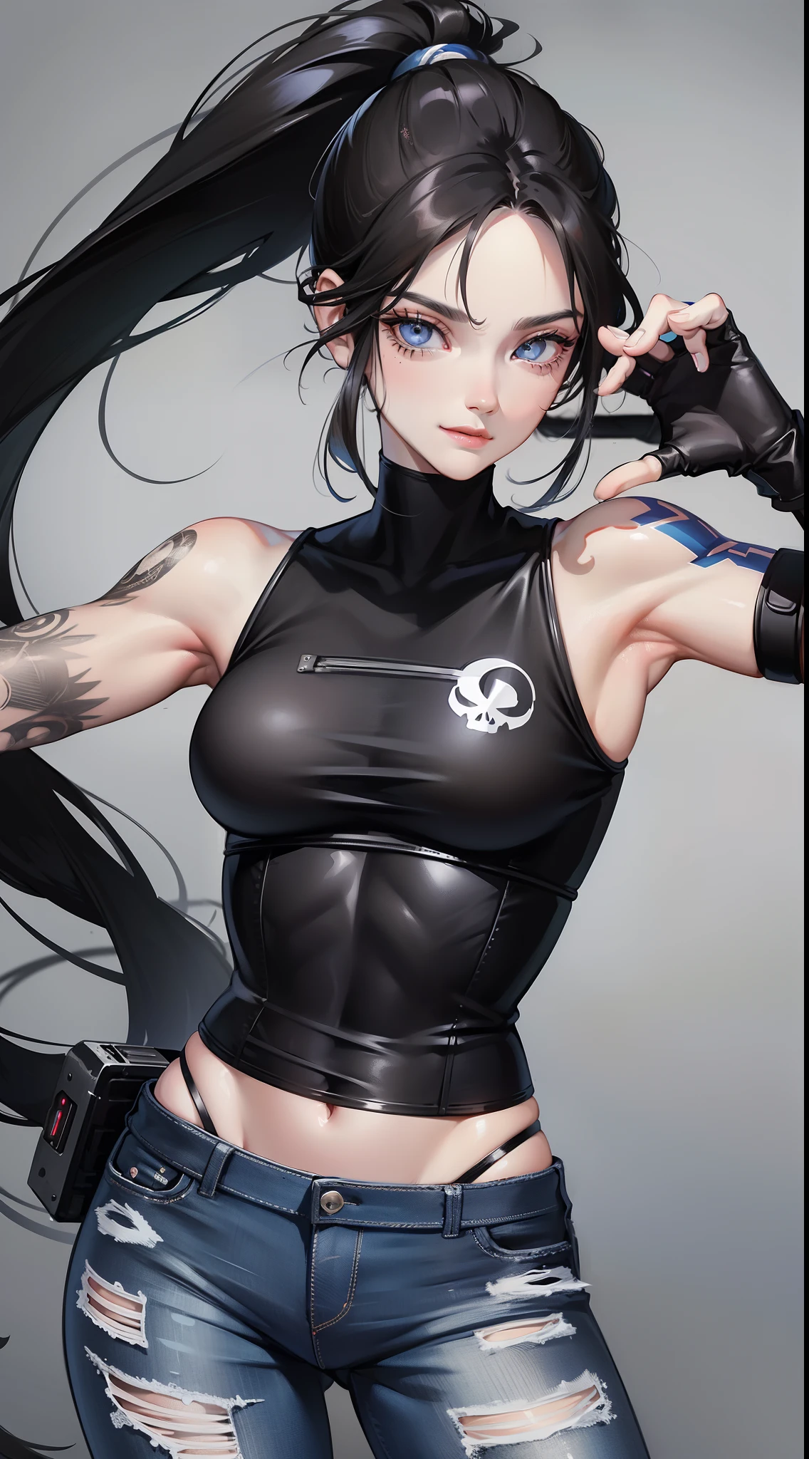 Grown-up guy, Long black hair, high ponytail, blue eyes, Smile, beatiful face, bodyarmor, Sleeveless, Drawing of the skull, Jeans, circuits, arma, brawn, Punisher Print, tattoo, Masterpiece, hiquality, 4k, HD, Good detail