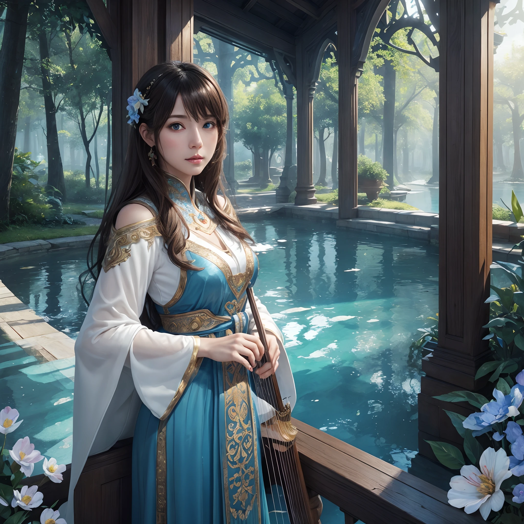 hightquality、8K Ultra HD、fullllbody、A 116--old woman plays the lath harp、robe blanche、light brown hair、Blue eyes、(In the background is a lovely healing forest and a waterside)、cute little、Beautiful fece、portlate、Antique architecture、Flowers and butterflies、art by:Alberto Seveso、Symmetrical、Abstract art style、Complex and intricate watercolor painting 、digitial painting、concept-art、Volumetric lighting、TanvirTamim、metal reflective、2d render、8K。 by artgerm、Trending on ArtStation