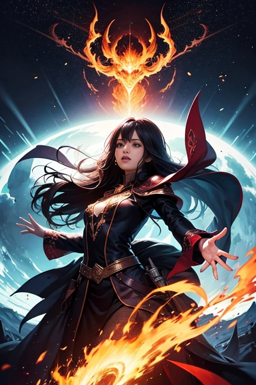 A woman in a black dress with a red cape and a flame - SeaArt AI