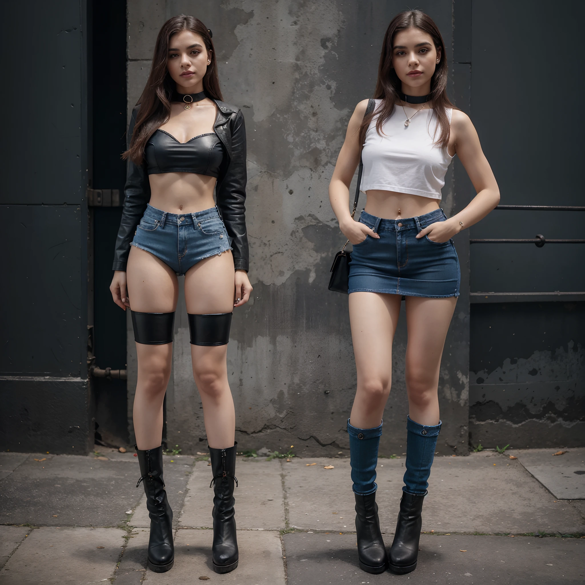 bonita, 19 anos, nua, nsfw, muito bonita, athletic, cabelos loiros, olhos azuis, red-lips, franja, usando jaqueta de couro preta curta, seios nus, mamilos rosados, short denim skirt, saia muito curta, pernas grossas, pernas bonitas, cintura estreita, botas de coxa de couro preto, saia denim curta, denim mini-skirt, mini-saia, saia curta azul clara, cinto de couro preto, seios pequenos, mamilos rosados, porcelain skin, abdome exposto, abdome midriff, The girl is wearing a black leather choker, the girl is wearing black leather boots, botas de coxa de couro preto, The girl is standing on a street in a cyberpunk futuristic city a noite, rua molhada, modelo bem iluminada, cena noturna, luzes da cidade
