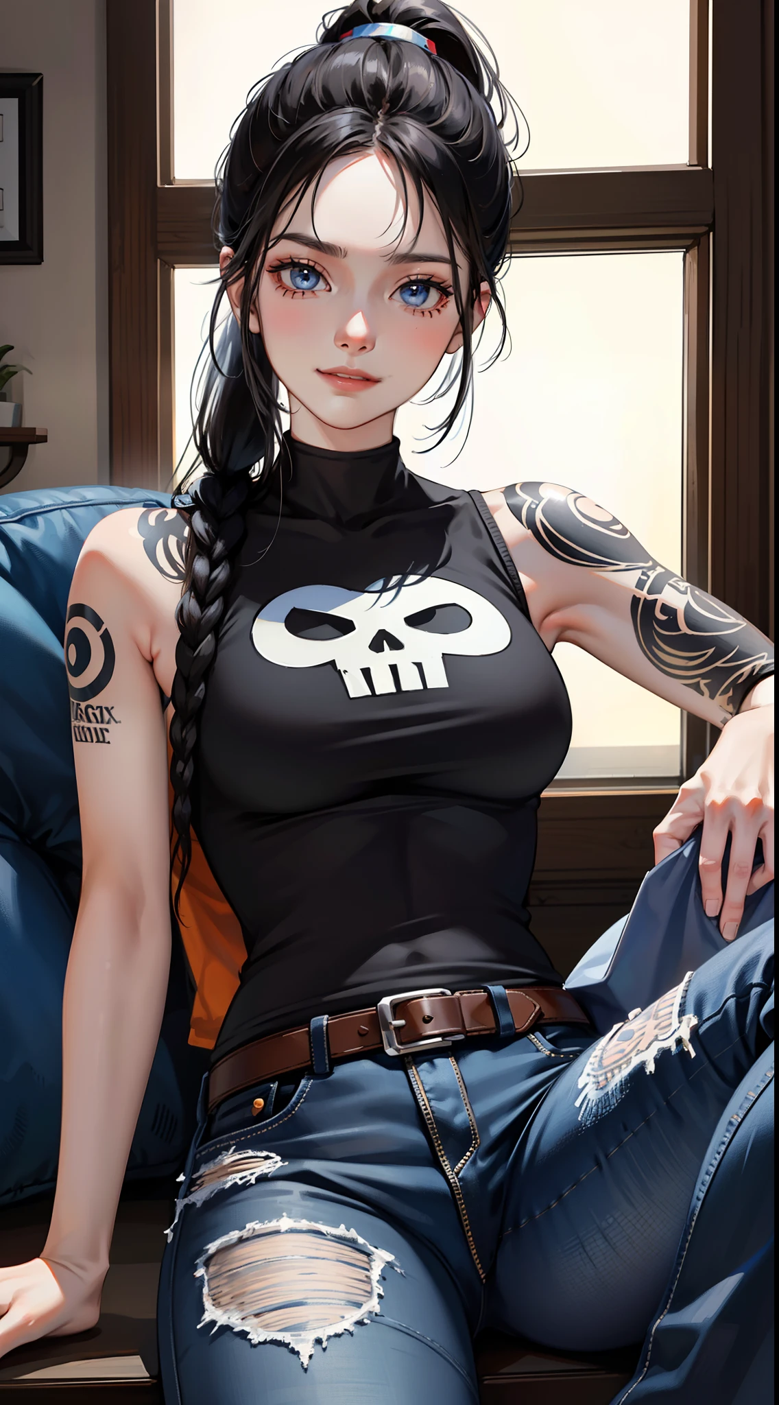 Grown-up guy, Long black hair, high ponytail, blue eyes, Smile, beatiful face, bodyarmor, Sleeveless, Drawing of the skull, Jeans, circuits, arma, brawn, Punisher Print, tattoo, Masterpiece, hiquality, 4k, HD, Good detail