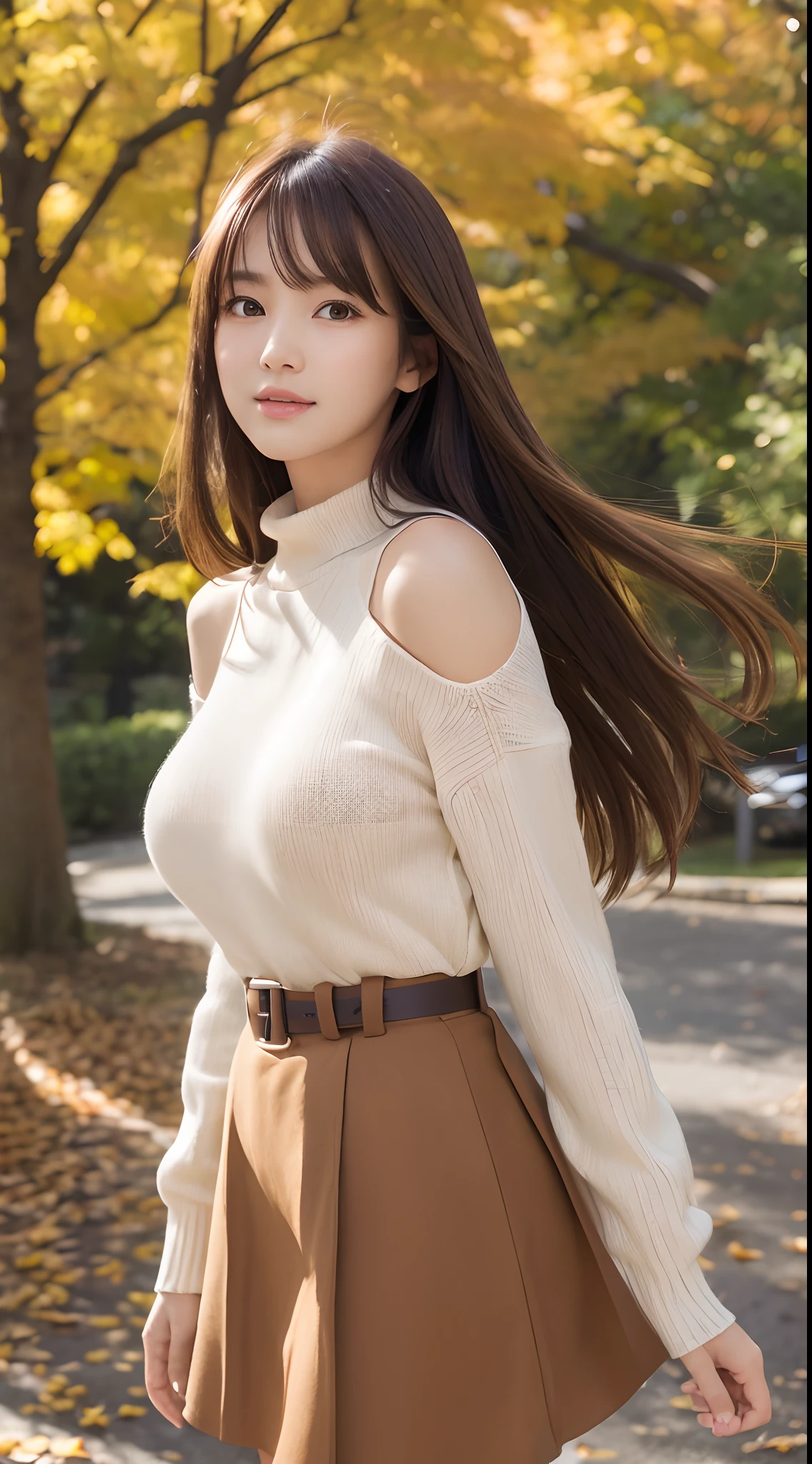 masutepiece、Best Quality、 ultra-detailliert、hight resolution、8K Wallpapers、Perfect dynamic composition,、Beautiful detailed eyes、(Beautiful Large Breasts:1.4)、masutepiece,Best Quality,Ultra-detailed,finely detail,hight resolution,in 8K,((Photorealsitic:1.4,Raw photography,超A high resolution,Top image quality:1.4)),Cute Girl、High school students、17age、A slender、a small face、Big eyes、ssmile、Brown hair、The long-haired、straight haired、Light brown long-sleeved knit with small turtleneck、Compact shoulder bag、The belt of the bag passes through the chest、long red skirt、Tree-lined avenue of autumn leaves、