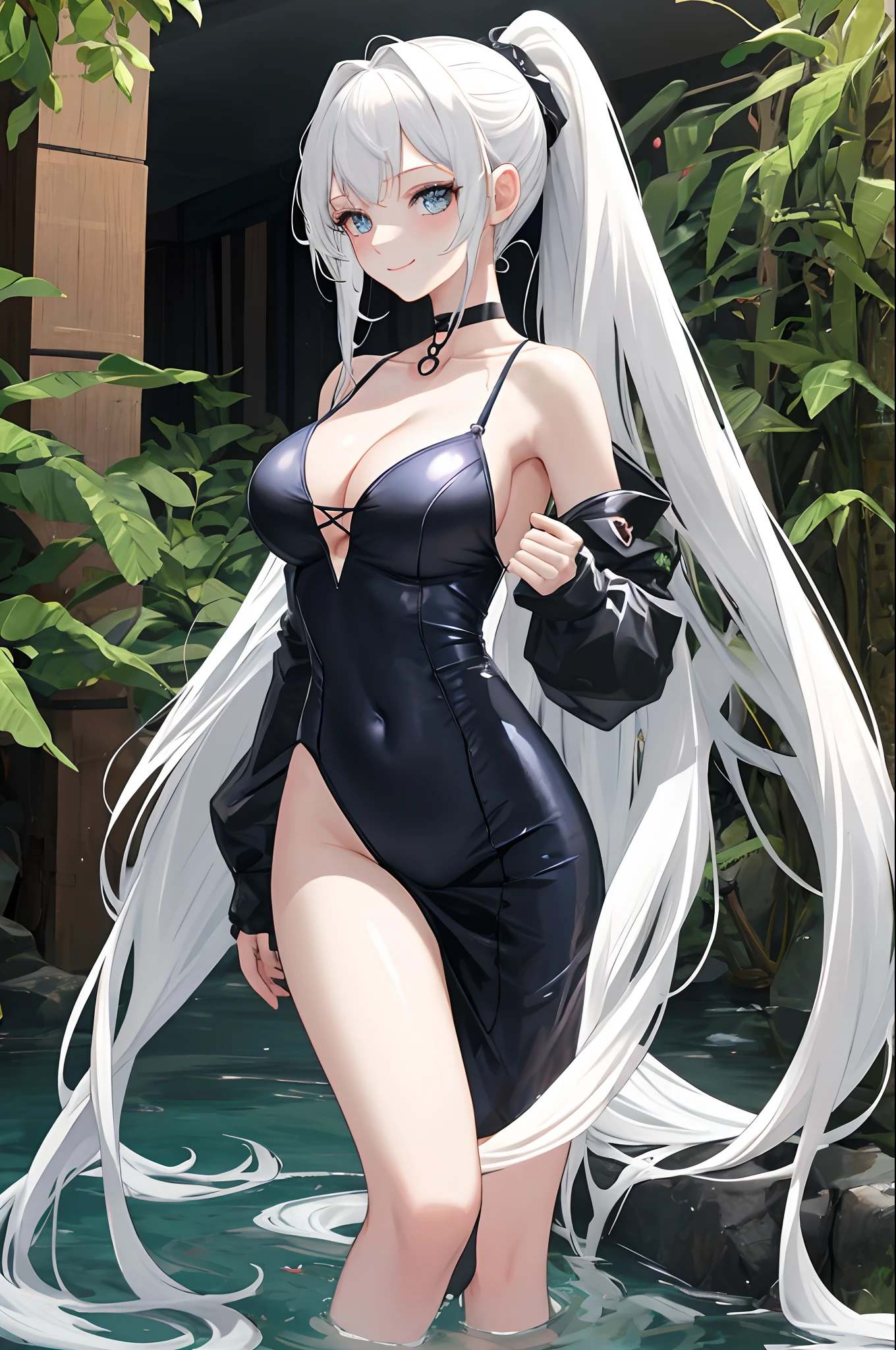 (masterpiece, best quality, anime_coloring:0.8), 1girl, solo,  EmiSwimsuit, alternate_hairstyle, high_ponytail, 1girl, swimsuit, long_hair, breasts, solo, bangs, smile, cleavage, looking_at_viewer, white_hair, hands_on_hips, outdoors, very_long_hair, covered_navel, choker, day, large_breasts, collarbone,  deep_skin, skindentation, deep_cleavage, BDS,