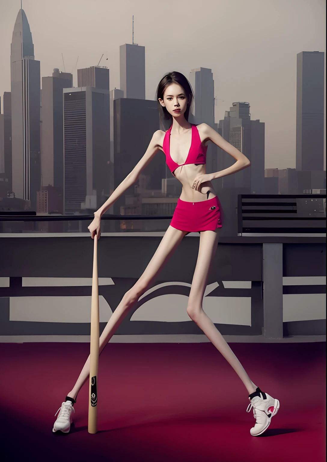 Skinny woman，the ribs，With a baseball bat，pelvic bone，big breasts thin waist，Thin leg，Thin figure