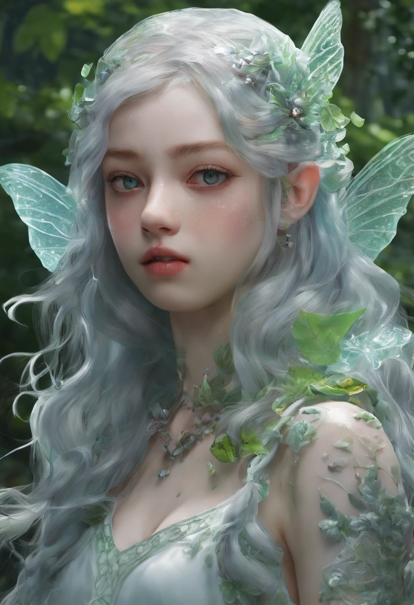 (Masterpiece, Best quality, Ultra-detailed, Best Illustration:1.4), 1 Fairy, The wings of the little fairy,(Slime girl:1.4),(See-through:1.7)afloat,Green wind ,Silk fabric,(refractions,Reflection:1.4) , Transparent skin, sunshine day,ln the forest