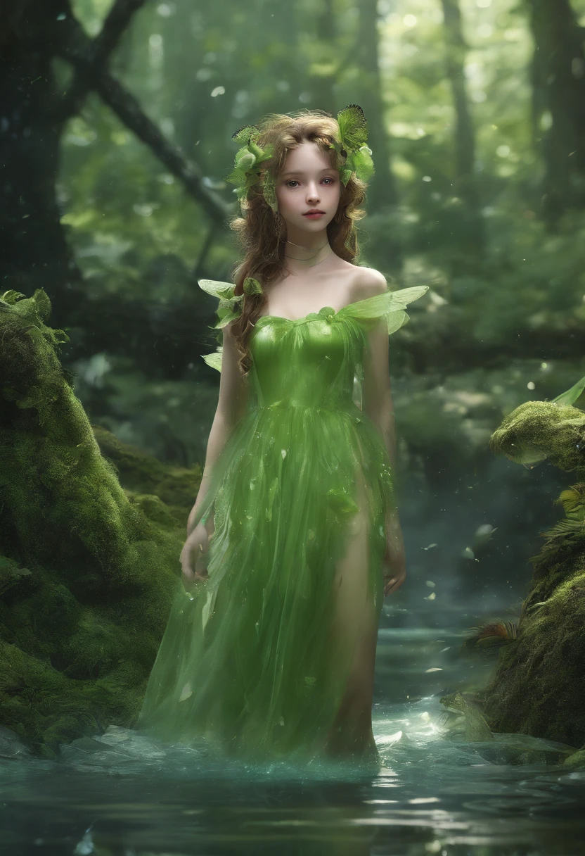 (Masterpiece, Best quality, Ultra-detailed, Best Illustration:1.4), 1  Fairy, The wings of the little fairy，(Slime girl:1.4),(See-through:1.7）afloat,Green wind ，Silk fabric，(refractions,Reflection:1.4) ,  Transparent skin, sunshine day，ln the forest