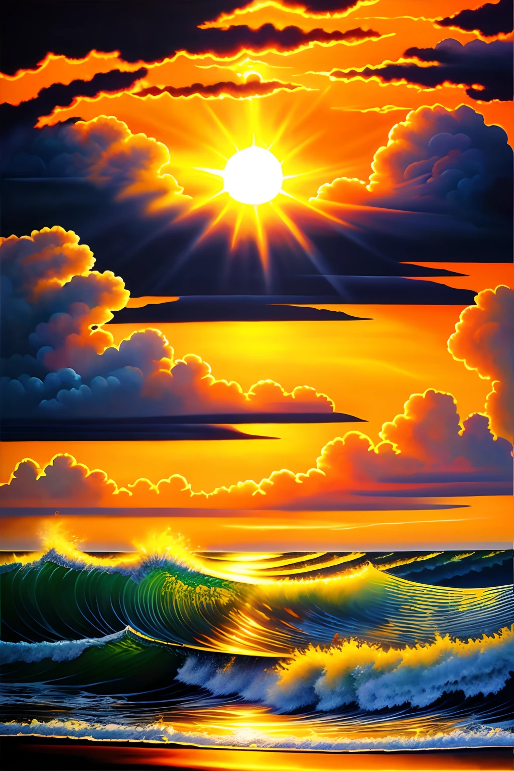 a painting of sun with face, waves of energy from su , clouds and wings and waves, lsd waves, by Opie ortz , sun over the sea, artwork , tattoo painting style, opie ortz artwork