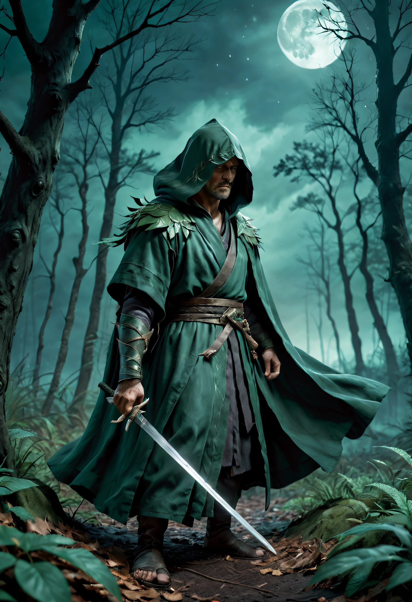 A lone warrior, donned in a dark green robe, navigates through the dense forest on a moonlit, stormy night. The warrior's hand firmly grasps a long sword, ready to face any unexpected situation. His body slightly leaning forward, eyes alert, scanning the surroundings. The trees sway in the gentle breeze, casting eerie shadows under the moonlight. The atmosphere is filled with a sense of foreboding and darkness.

For the material, the artwork will be in the style of a dark-toned illustration, emphasizing the intensity of emotions. The composition will be low and close, allowing the viewers to feel the solitude and suspense of the warrior. 

As for additional details, the artist will pay great attention to fine elements, capturing the intricate textures of the leaves and the folds of the warrior's robe. 

The image will be of the highest quality, allowing for a realistic and detailed rendering. The resolution will be (best quality, 4k, 8k, highres, masterpiece:1.2), ensuring every intricate detail is visible. The lighting will be adjusted to create a moody atmosphere, with shadows adding depth and mystery to the scene. 

In terms of artistic style, the emphasis will be on creating a captivating portrait of a solitary warrior. The color palette will be subdued, reflecting the darkness of the night and the tense mood. 

Overall, the prompt will be:
"lone warrior,dark green robe,forest scene,stormy night,moonlit scene,strong and alert eyes,holding a long sword,foreboding atmosphere,swaying trees,dark-toned illustration,low angle and close-up composition,attention to detail:leaves and folds of the robe,(best quality,4k,8k,highres,masterpiece:1.2),moody lighting,subdued color palette"