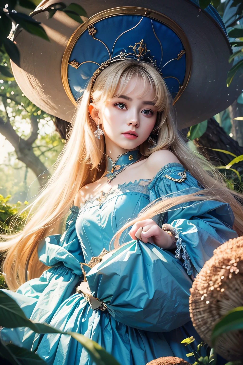 Masterpiece:1.4),, (Best quality:1.4),, Ultra-high RES,, 8K, CG,, (Extremely delicate and beautiful:1.2),,The upper part of the body,, 1girll,, Solo,, fashi-girl,, Thumbelina，Little princess，Blue taffeta court dress，Under huge mushrooms，forest backgrou ,Delicate depiction of facial features，almond eyes，Delicate eyeliner。long eyelasher，greene eyes，Black pupils，There is starlight in the eyes，Delicate lip detailing，Oil painting quality，Thick painting style