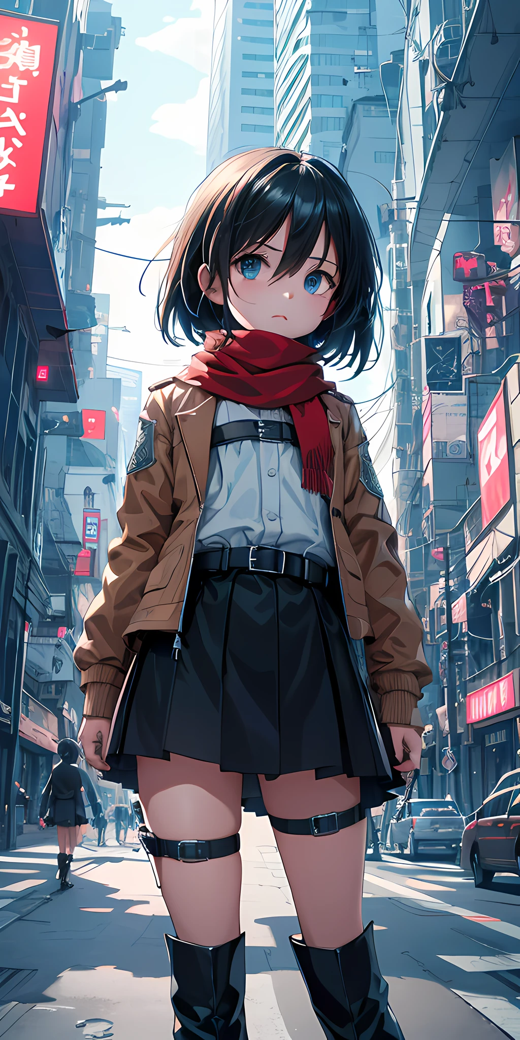 (expressive eyes:1) (masterpiece), best quality, ultra-detailed, illustration, kawaii, cute, small, ((kids, flat chested, loli, cute, petite)), 1girl, at the center, leaning forward, mikasa_ackerman, scarf, jacket, paradis military uniform, belt, thigh strap, sci-fi dress, boots, depth of field, cyberpunk city, sci-fi, digital world, neon, dynamic pose, dynamic angle