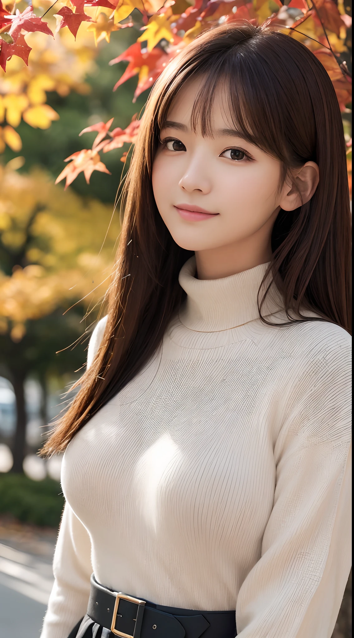 Tabletop、Highest quality、 Super detailedな、High resolution、8k wallpaper、Perfect dynamic composition,、Beautiful attention to detail、(Beautiful big breasts:1.4)、Tabletop,Highest quality,Super detailed,In detail,High resolution,In 8K,((Photorealistic:1.4,Raw photo,超High resolution,Top imYear quality:1.4)),pretty girl、high school student、１７Year、Slender、Small Face、Repeated Ome、Laughter、Brown Hair、Long-haired、Straight Hair、Light brown long sleeve knit、small turtleneck、Compact shoulder bag、The strap of the bag goes across the chest、Red long skirt、Autumn leaves avenue、