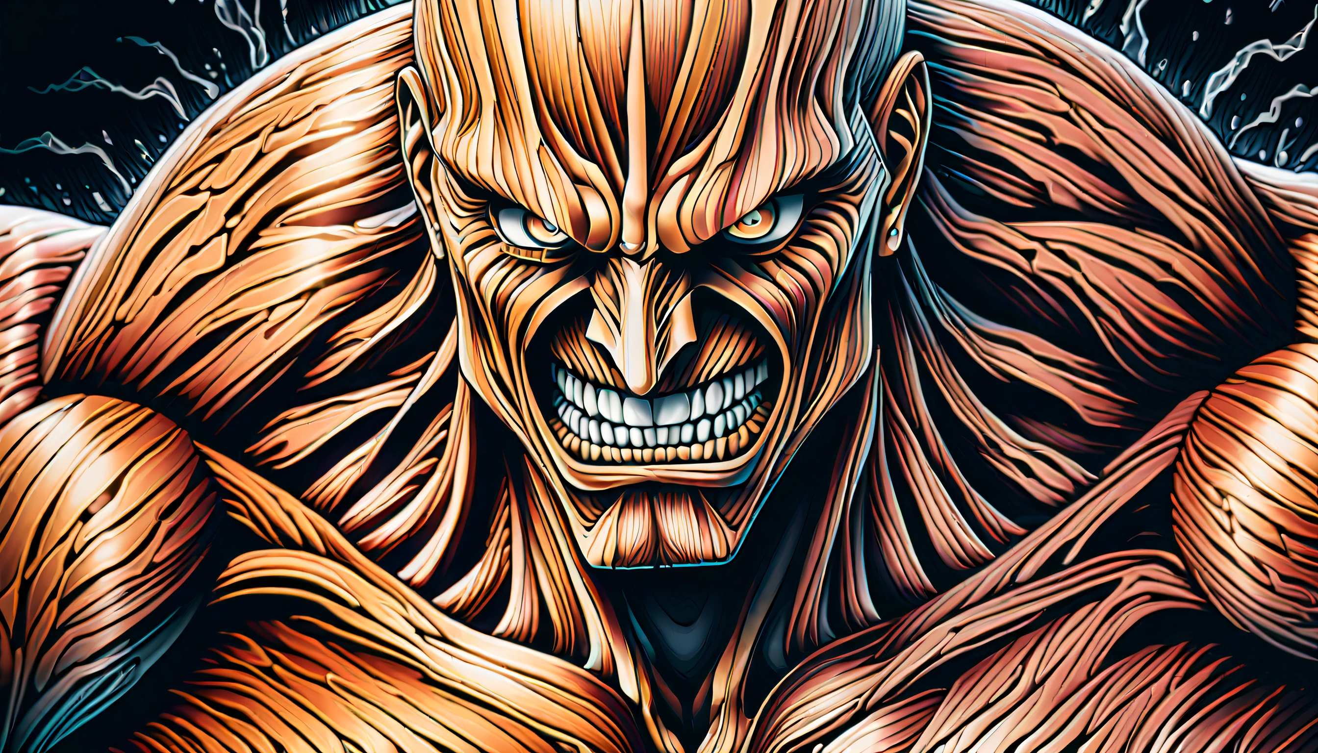 giant of exposed muscle fibers illustration, Attack on Titan, form of anger, destroy the high wall, rich colors, intricate details, intricate insane details, extremely intricate detail, crease expertly captured in high resolution. stylish evil smile of presence emanates an eerie enchantment, stunningly beautiful portrait, surpasses any photograph, level of realism is beyond that of a photograph, capturing the essence of a goddess-like beauty, every intricate detail, every extremely detail, meticulously rendered, creating a visually stunning image, immerse breathtaking contrast, use of ballpoint pen and crayon techniques, combination of ballpoint pen and crayon techniques, pinnacle of artistic skill, exudes beauty and elegance,