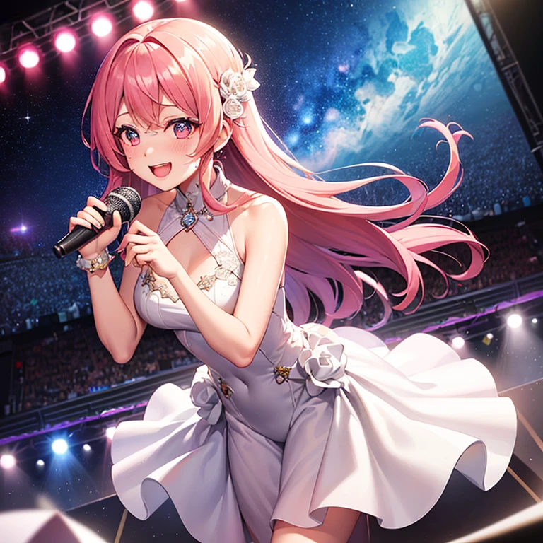 1人、full bodyesbian、rainbow hair, hair between eye, tiarra、diamond-shaped pupils, makeup, smiley, Anime style, Iridescent dresses、F/1.8, From above, masutepiece, Best Quality、Idol costumes、Professional Designer、frilly dress、lovelive、Pedras preciosas、Backstage、The best stage、climax、Professional stage、(((Hold the microphone with your left hand and sing emotionally、Overflowing emotions、The best smile)))、singer、vocalist:1、idol、songstress、Professional stage、profetional lighting、Live Lighting、Distract your gaze、Fan Service:1、(((Satellite view from the audience)))、(((White costume、Tsing Yi)))