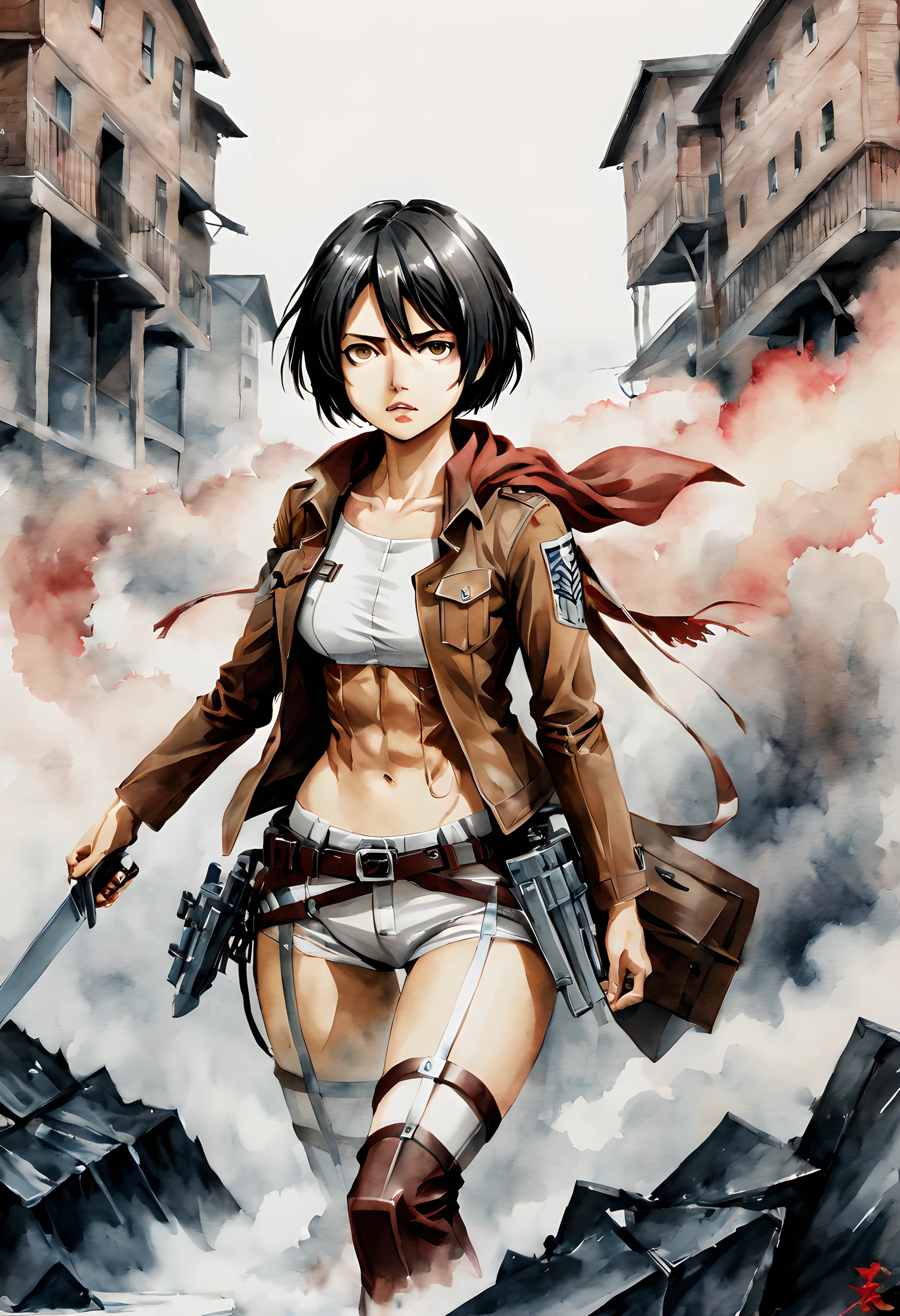 (best of the best, masterpiece, exceptional quality, ultra-detailed image),(Mikasa in a sexy red hoodie with big thighs),(in a beautiful cityscape, with a dynamic angle),(bright light and deep shadows highlighting Mikasa's figure),(dazzling and powerful atmosphere, with a mixture of sensuality and determination).