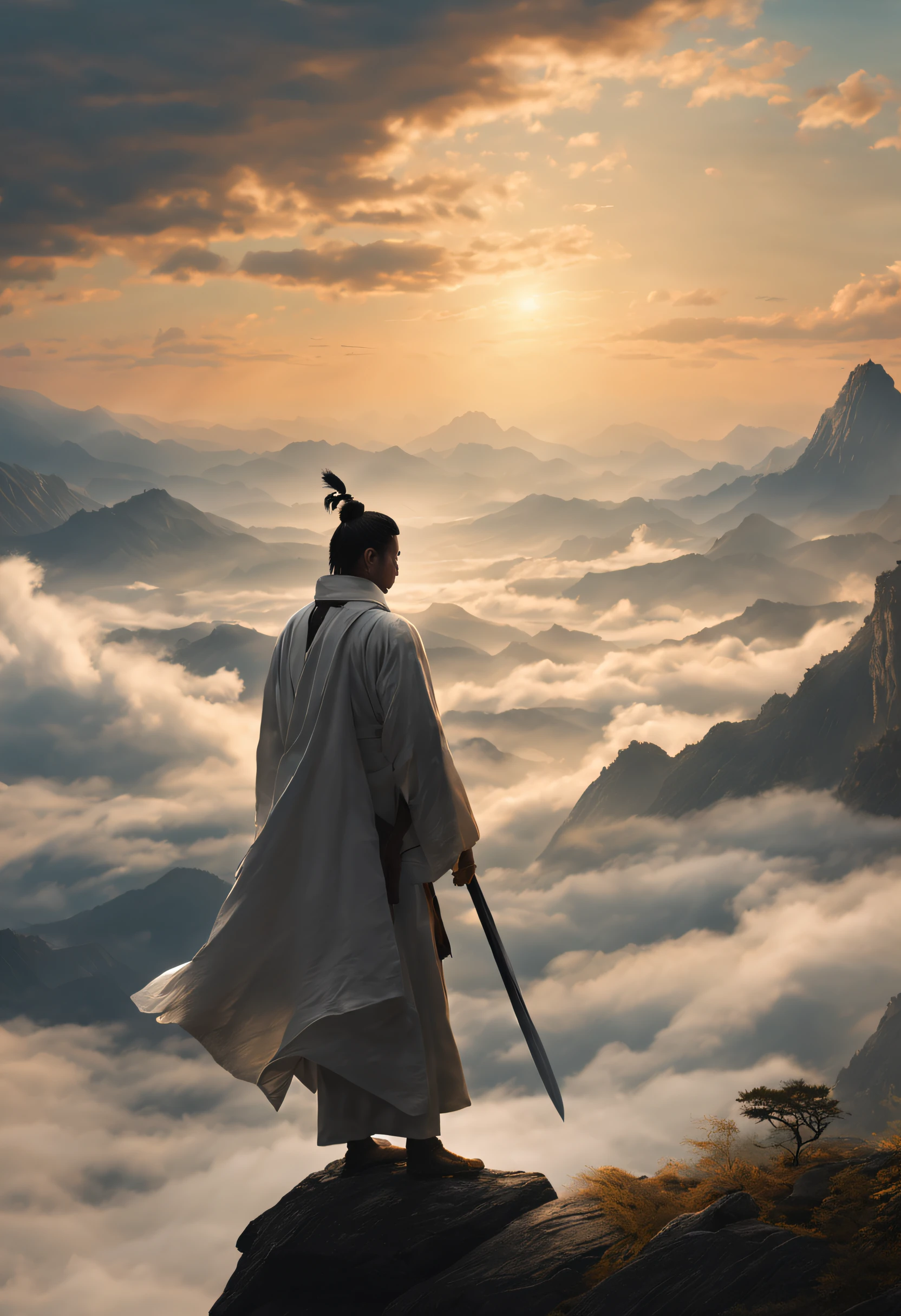 best quality,4k,8k,highres,masterpiece:1.2,ultra-detailed,realistic:1.37,a skilled martial artist wearing a white robe stands on top of a mountain, with his back facing the morning sun, exuding a majestic presence. His long sword, covered in countless scars, bears witness to many battles fought. Rolling clouds and the silhouette of distant mountains create a grand scene, evoking a sense of the vastness and profoundness of the martial world.