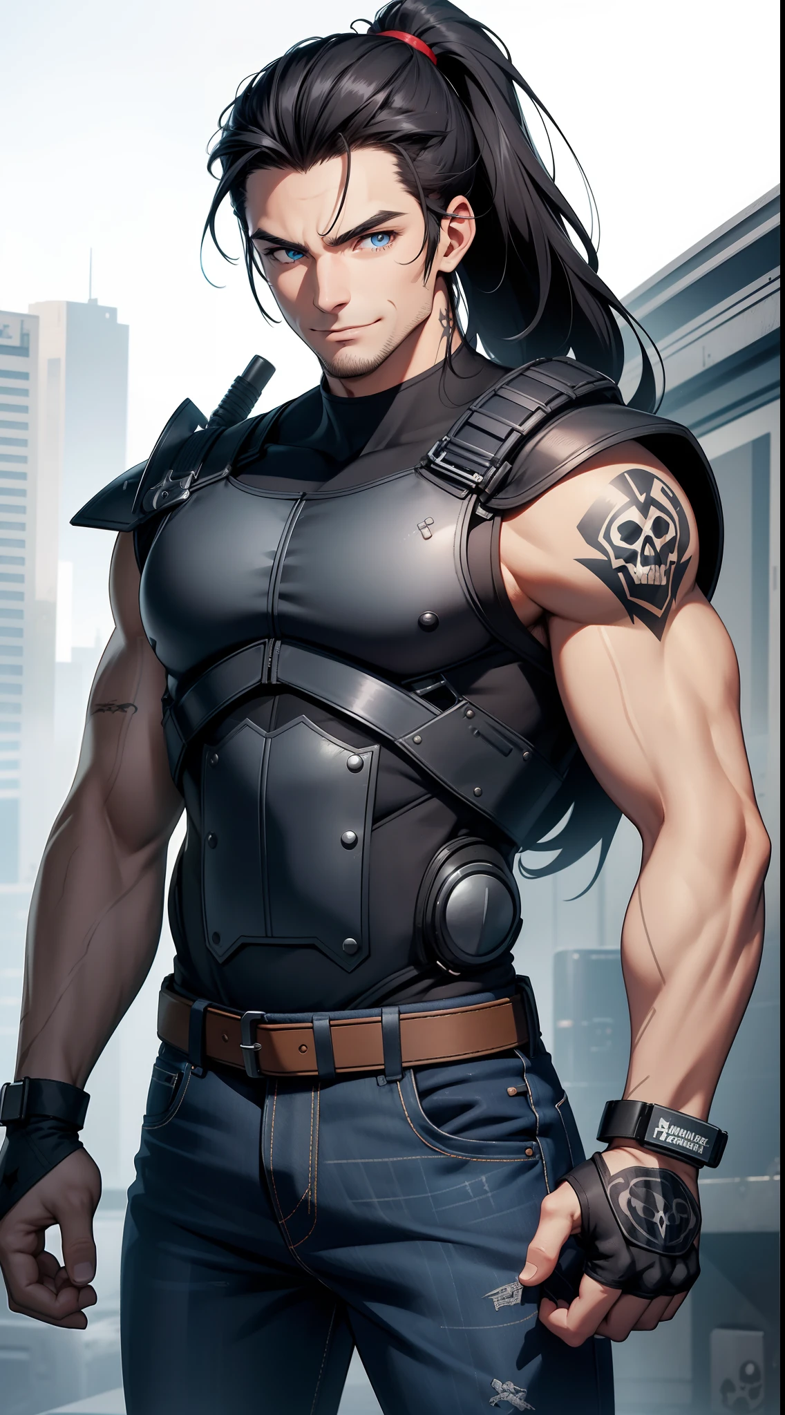 Grown-up guy, Long black hair, high ponytail, blue eyes, Smile, beatiful face, bodyarmor, Sleeveless, Drawing of the skull, Jeans, circuits, arma, brawn, Punisher Seal, tattoo, Masterpiece, hiquality, 4k, HD, Good detail