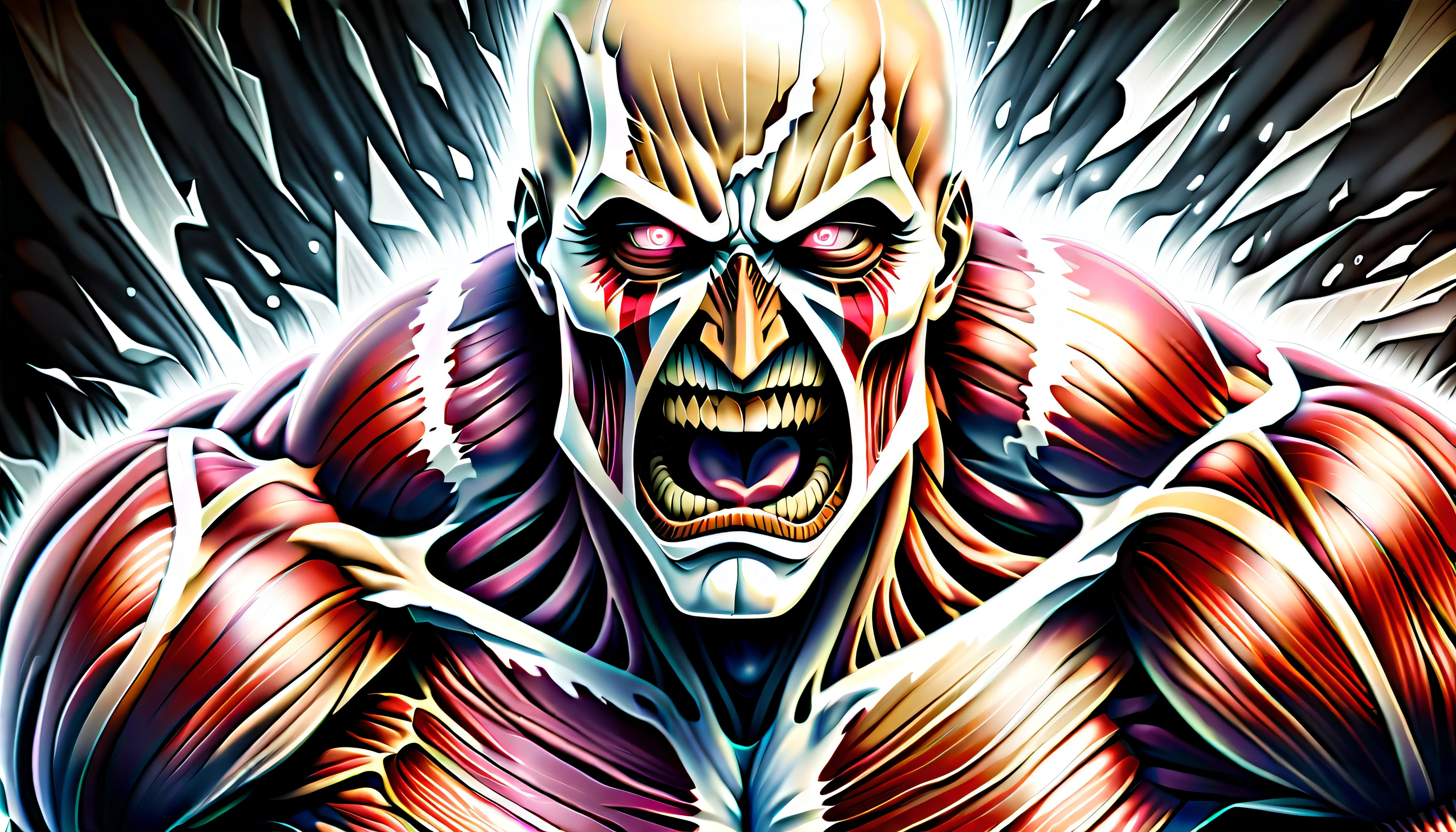<lora:WindBlownFace:0.9>, windblownface, blue sky, <lora:colossalTitanAttackOn_v01:0.8> colossal titan, steam