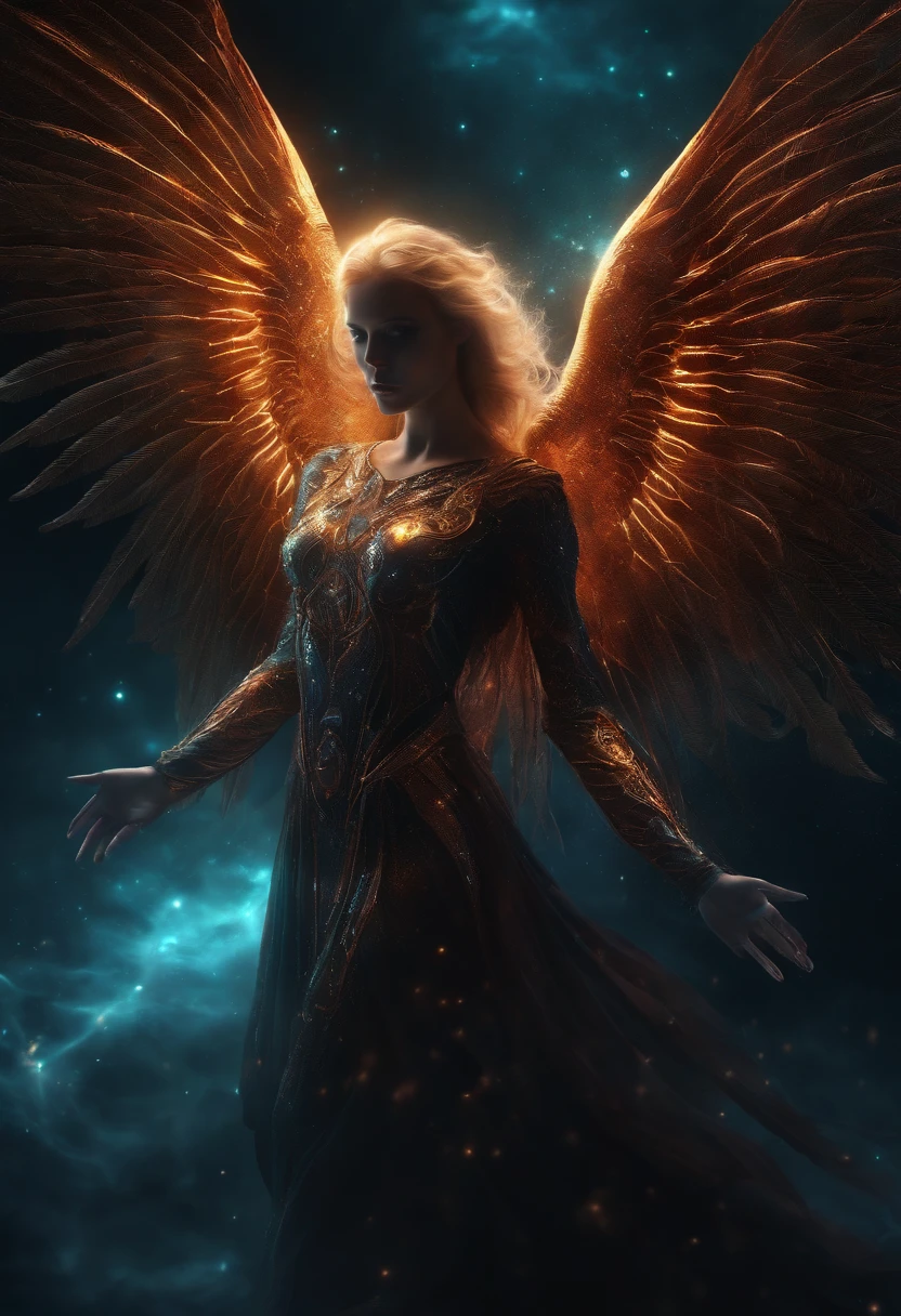 Cosmic Fallen Angel, glowing light eyes, Biomechanical, eerie, Creepy, nightmarish, Very bright colors, Light particles, with light glowing, Mshiff, wallpaper art, UHD wallpaper