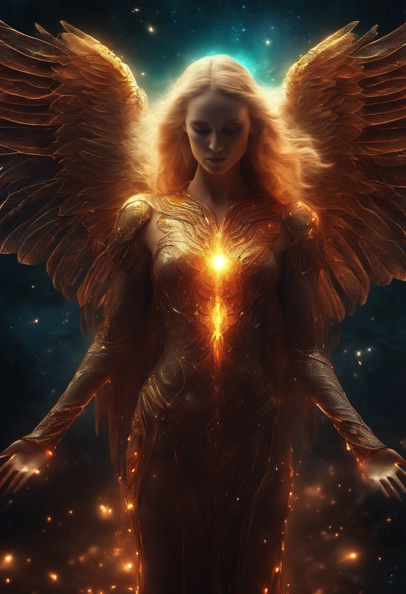 a woman with wings and a body covered in gold, unreal engine render + a goddess, 3 / 4 view of woman with wings, as a mystical valkyrie, ethereal angelic being of light, cinematic goddess body shot, cinematic goddess shot, elven angel meditating in space, cinematic goddess close shot, winged human, with fiery golden wings, glowing angelic being, ethereal wings