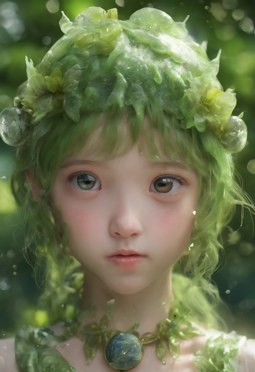 (Masterpiece, Best quality, Ultra-detailed, Best Illustration:1.7), 1 Little Fairy, The wings of the little fairy,(Slime girl:1.4),(See-through:1.8)afloat,Green wind ,Silk fabric,(refractions,Reflection:1.46) , Transparent skin, sunshine day,ln the forest
