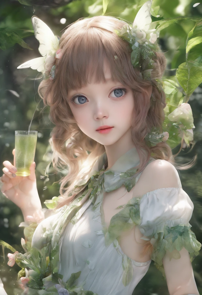 (Masterpiece, Best quality, Ultra-detailed, Best Illustration:1.7), 1  Fairy, The wings of the little fairy，(Slime girl:1.4),(See-through:1.8）afloat,Green wind ，Silk fabric，(refractions,Reflection:1.46) ,  Transparent skin, sunshine day，ln the forest