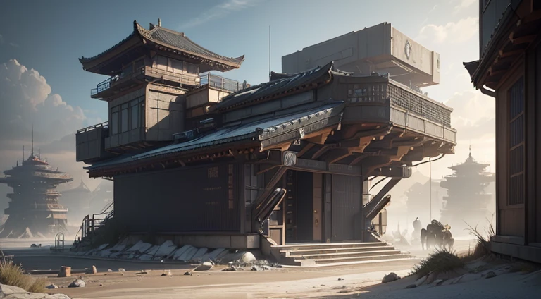 Wide angle, overlook, can see far away, sci-fi military base, architecture in Call of Duty, (Vitaly Bulgarov: 1.1) futuristic, Takamatsu Shin architectural style, industrial sense, (Chinese roof: 1.2), warm sunlight, beautiful skybox, metal decorative elements, highly detailed fantasy art, beautiful 3D concept art, ray-traced rendering, game concept art, HDRI, ArtStation trend, CGSociety trend, Ultra-detailed concept art, Unreal Engine 5 rendering details, Unreal Engine 5 environment,