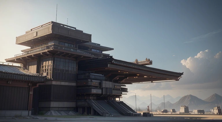 Wide angle, overlook, can see far away, sci-fi military base, architecture in Call of Duty, (Vitaly Bulgarov: 1.1) futuristic, Takamatsu Shin architectural style, industrial sense, (Chinese roof: 1.2), warm sunlight, beautiful skybox, metal decorative elements, highly detailed fantasy art, beautiful 3D concept art, ray-traced rendering, game concept art, HDRI, ArtStation trend, CGSociety trend, Ultra-detailed concept art, Unreal Engine 5 rendering details, Unreal Engine 5 environment,